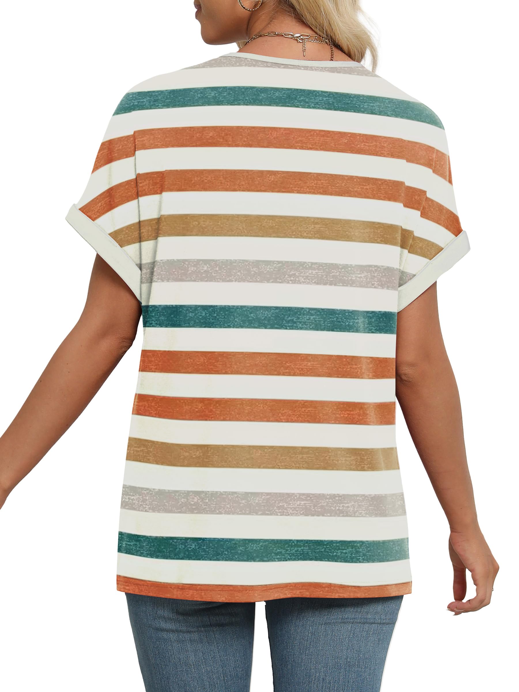 WIHOLL Tshirts Shirts for Women Summer Tops 2025 Spring Short Sleeve Dressy Beach Vacation Clothes Blouses Casual Outfits Orange Stripes XL