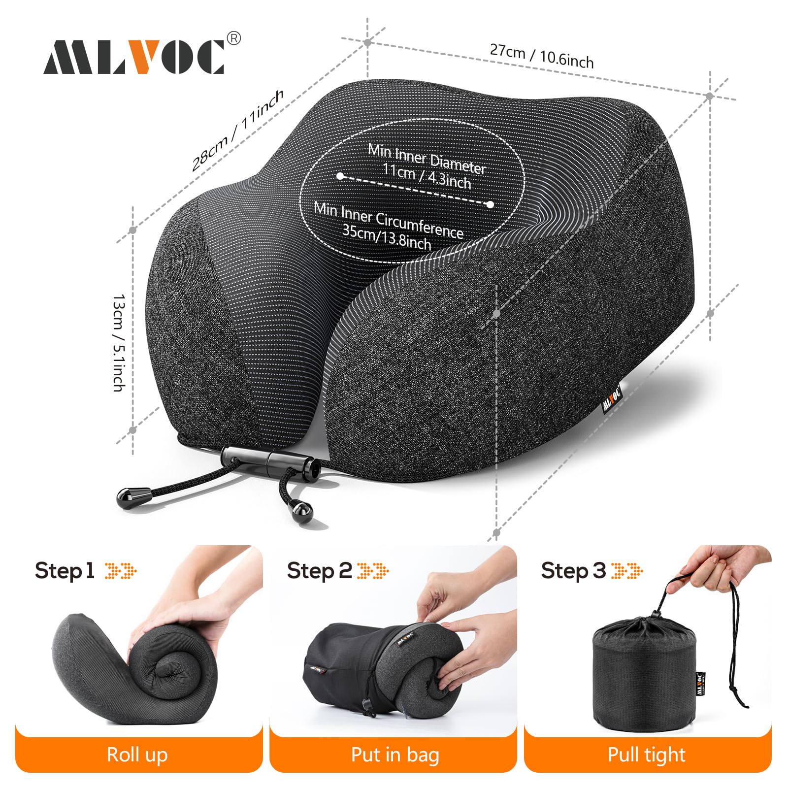 MLVOC Travel Pillow 100% Pure Memory Foam Neck Pillow, Comfortable & Breathable Cover, Machine Washable, Airplane Travel Kit with 3D Contoured Eye Masks, Earplugs, and Luxury Bag, Standard (Black)