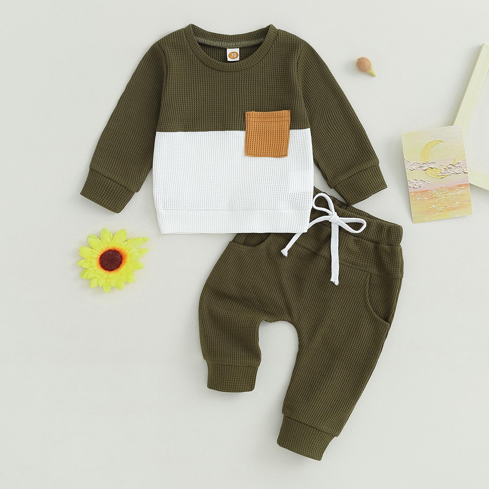 GGBNOMER Toddler Baby Boy Fall Clothes Waffle Contrast Color Sweatshirt Pants Sets Infant Winter Outfits 6 12 18 24 Months (Army Green, 12-18 Months)