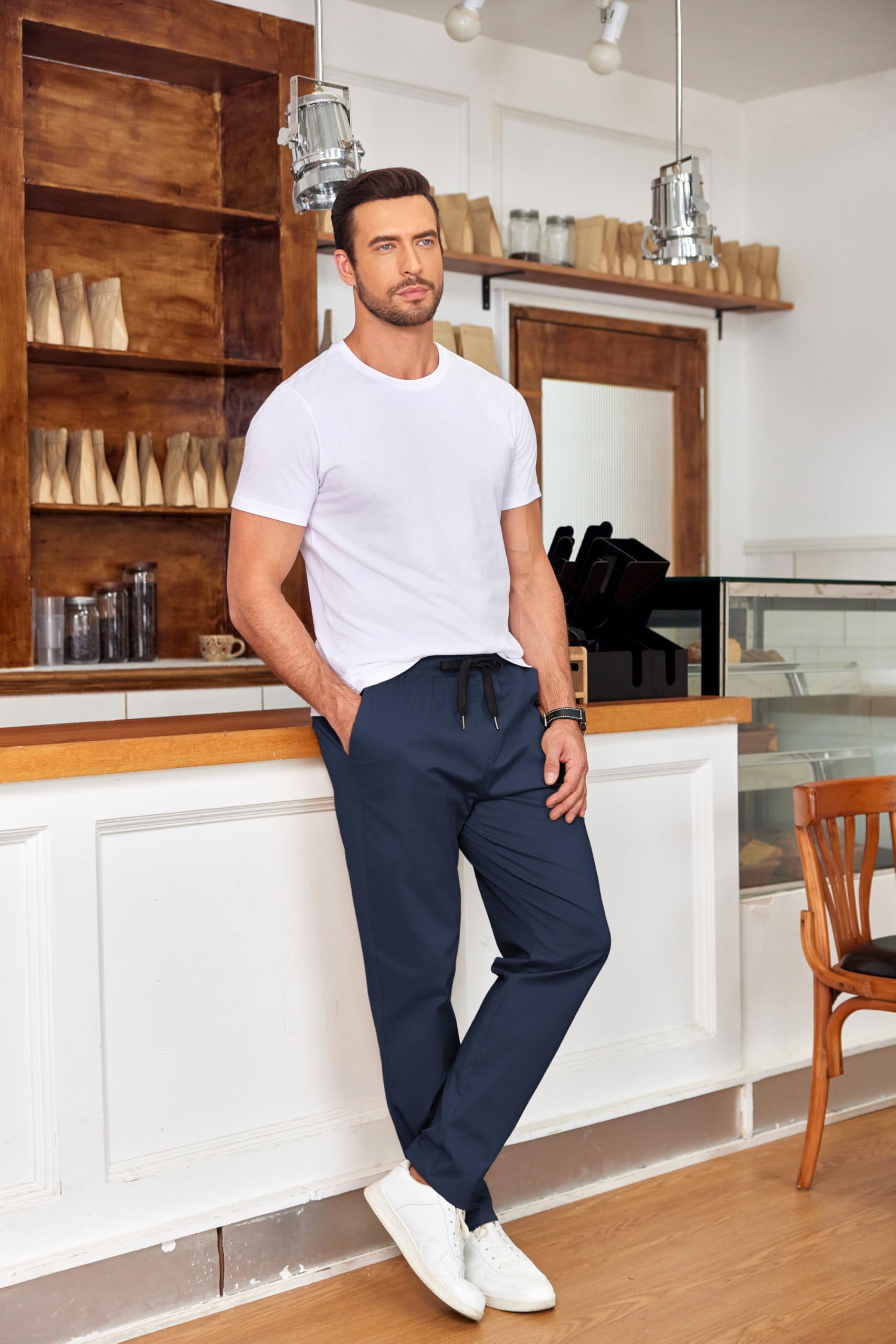 COOFANDY Mens Drawstring Cotton Pants Casual Pull On Leisure Pants Slim Fit Stretch Waist Band Slacks Spring 33x29 32x29 Navy Dark Blue