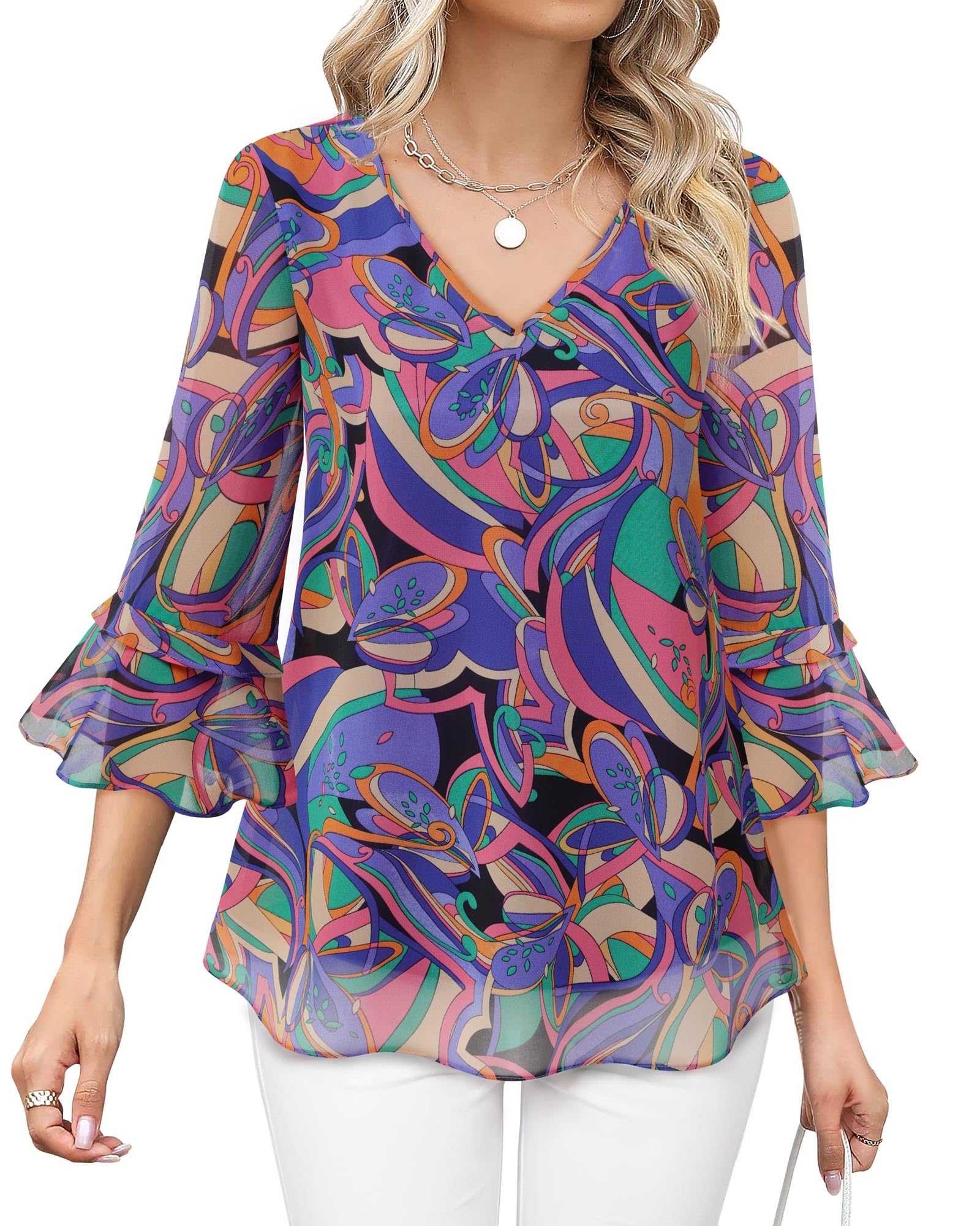 Bebonnie Dress Blouses for Women Elegant: Women's Work Blouses - Dressy Casual Tops Summer Chiffon Blouse Office Attire - Business Casual Tops for Women Plus Size Fancy Geometry M