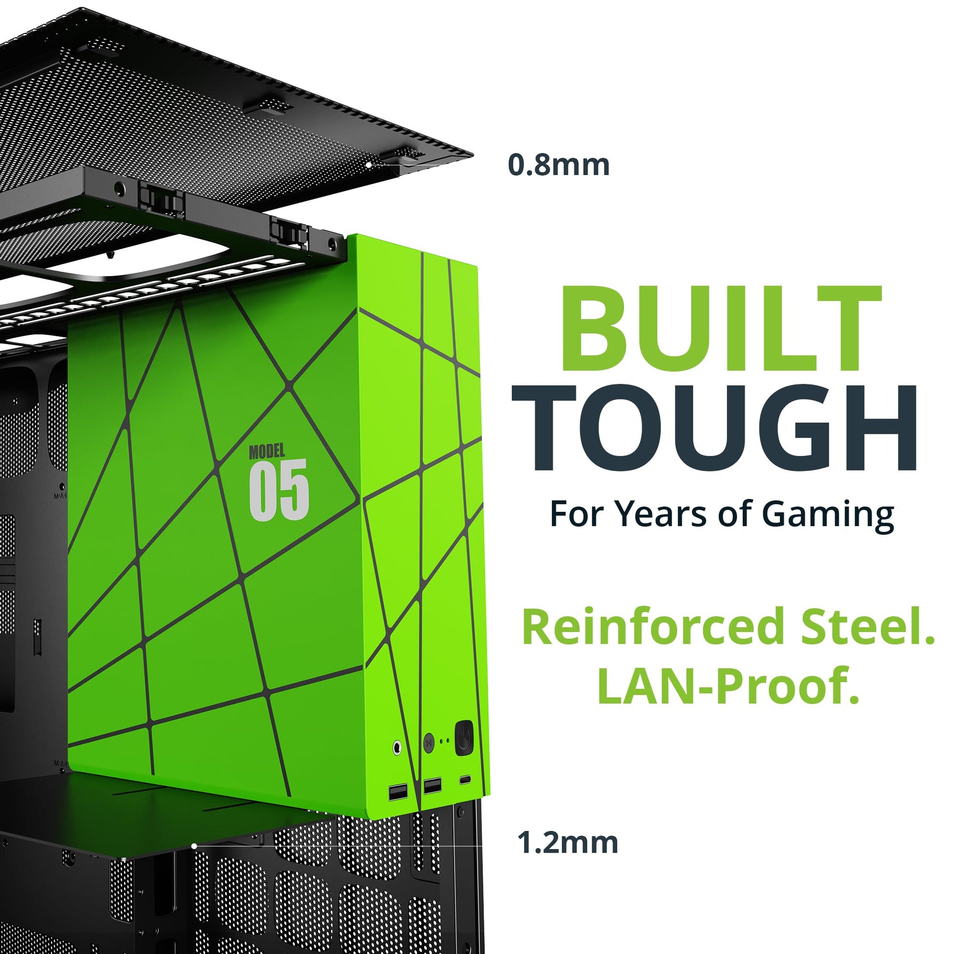 Geometric Future M5 Tempered Glass Mid Tower, E-ATX/ATX Gaming Case, 1.2mm Steel, Type C, Toolless Panels, Support 420/360 Radiator, ARGB PWM 140m Fan x 5 Pre-Installed, Black/Green, GEO-M5F-BNY