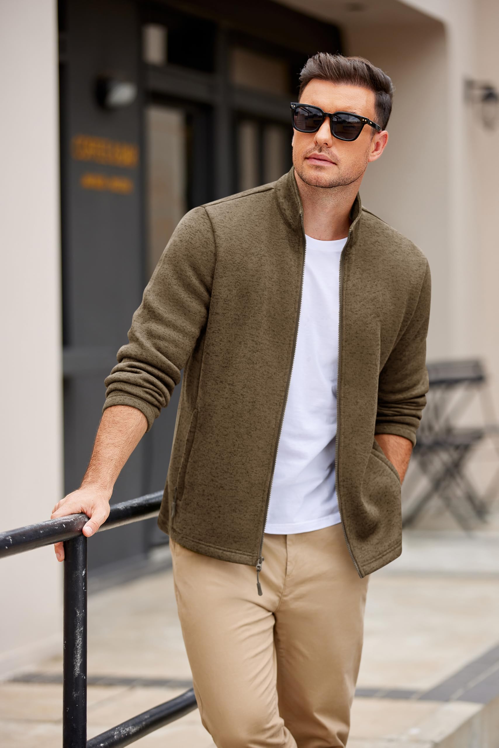 COOFANDY Light Fleece Jackets for Men Lightweight Fall Sweater Jacket Stand Collar for Outdoor Camping,Brown,L