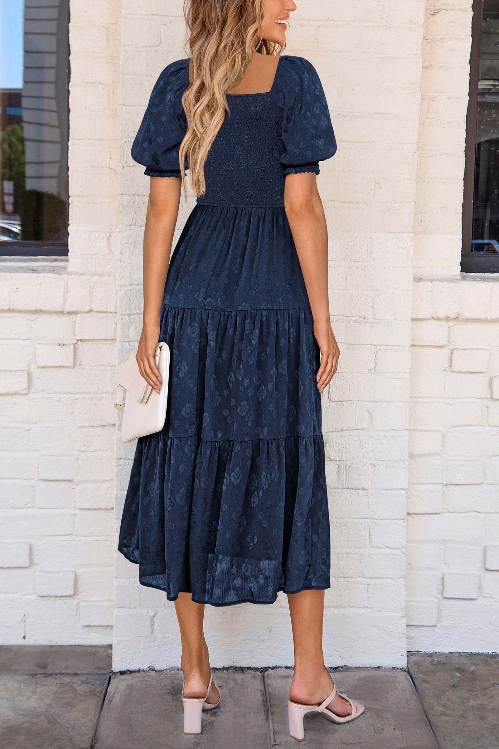 PRETTYGARDEN Women's 2025 Summer Casual Midi Dresses Square Neck Short Sleeve Smocked A Line Floral Flowy Elegant Boho Dress (Dark Blue,Medium)