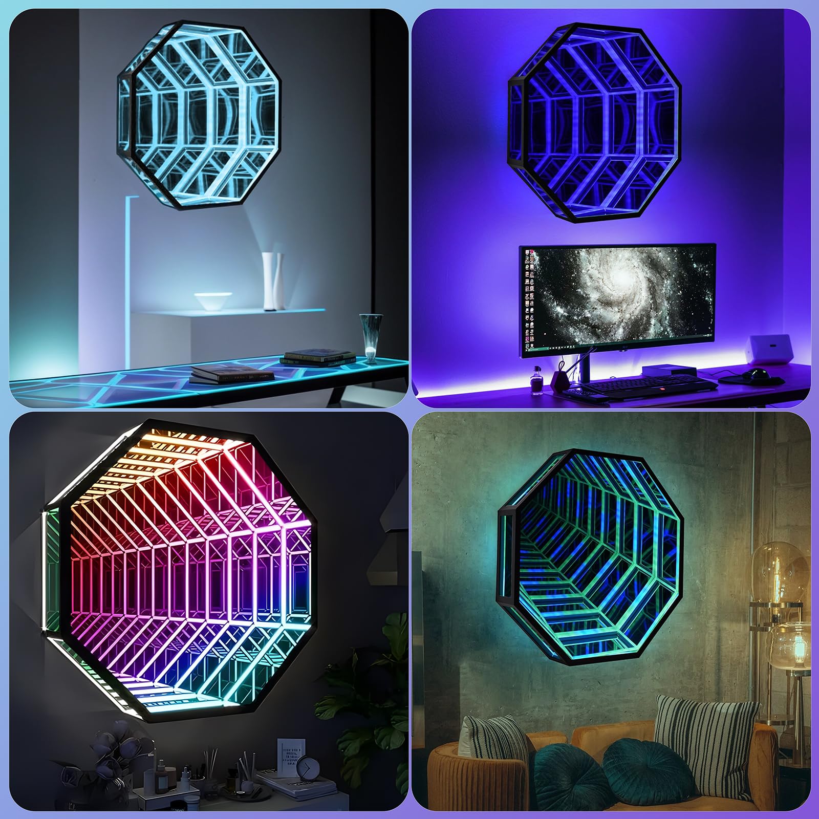 XQDUPDA 3D LED Infinity Mirror Light – Multicolor Tunnel Lamp with Smart APP & Remote Control, Cool RGB Art Light for Home Decor, Bedroom, Living Room, Party, Bar & Gaming (Octagon-19.7 in/50 CM)