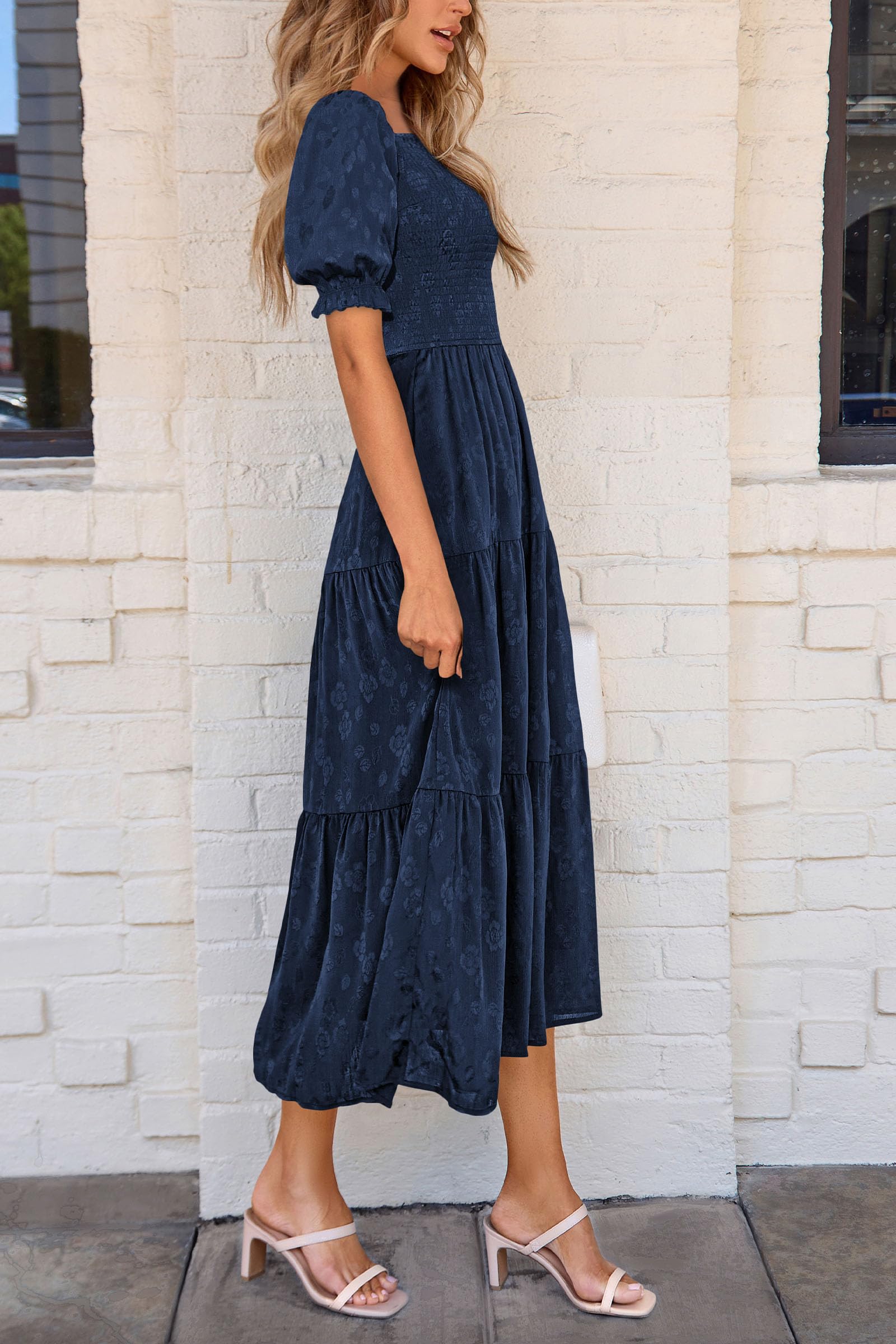 PRETTYGARDEN Women's 2025 Summer Casual Midi Dresses Square Neck Short Sleeve Smocked A Line Floral Flowy Elegant Boho Dress (Dark Blue,Medium)