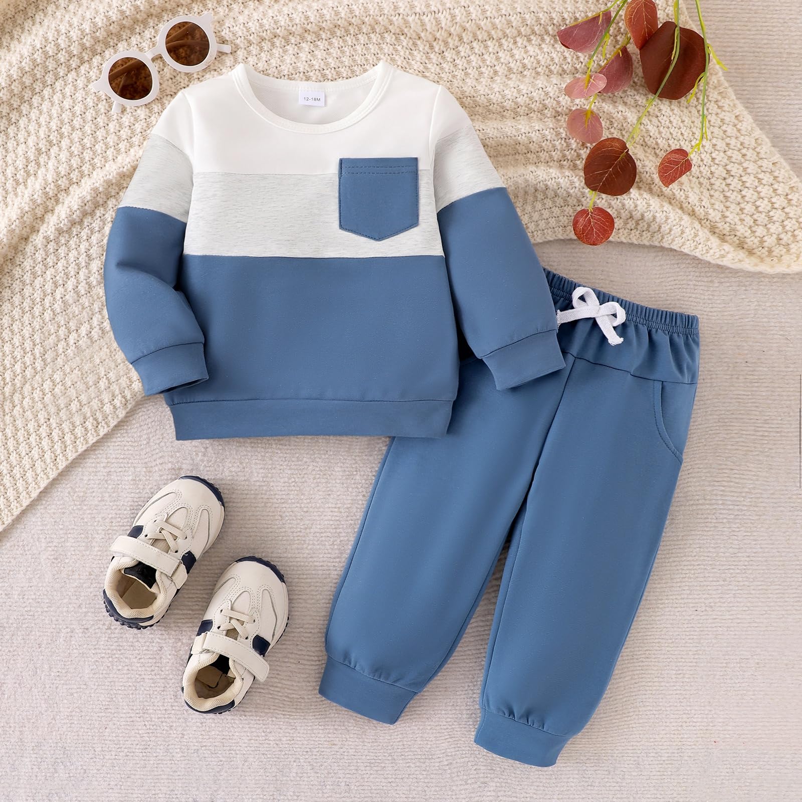 KAFIREN Baby Clothes Boy 12-18 Months Boys Clothes Fall Winter Outfits Long Sleeve Patchwork Sweatshirt Tops Casual Pants Light Blue 12-18M