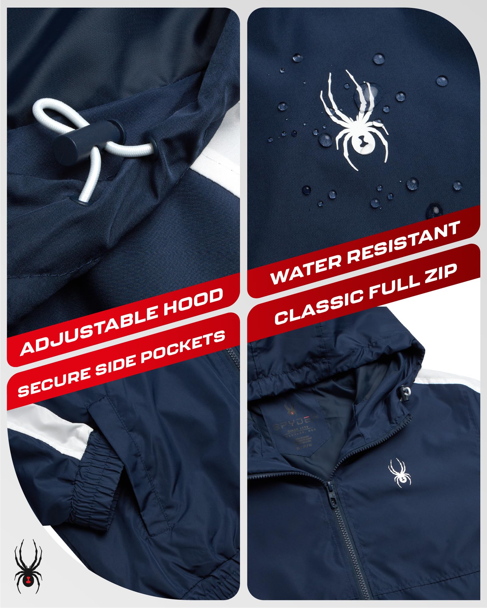 Spyder Mens Windbreaker Jacket - Lightweight Wind & Water-Resistant Hooded Zip Up Jacket for Travel Running Golf & Daily Wear, Size Large, True Navy
