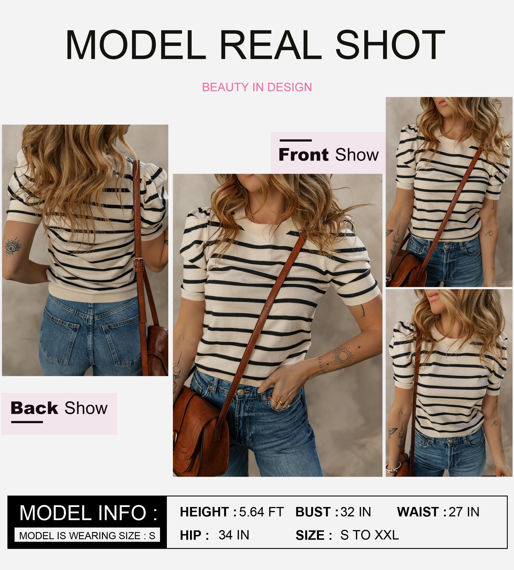 Dokotoo Summer Tops for Women Causal Lightweight Knitted Blouses Short Puff Sleeve Sweaters Causal Striped Tops Crewneck Cute Black Stripe Loose Shirts Medium