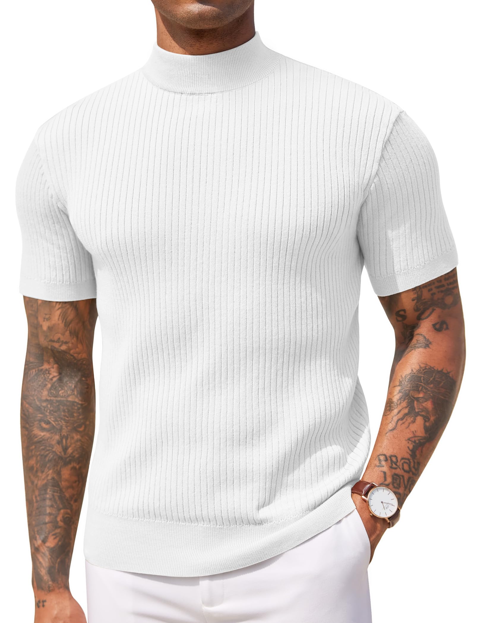 COOFANDY Men's Mock Turtleneck Knit Sweater Short Sleeve Pullover Casual Basic Tops Solid Tee White Sweater