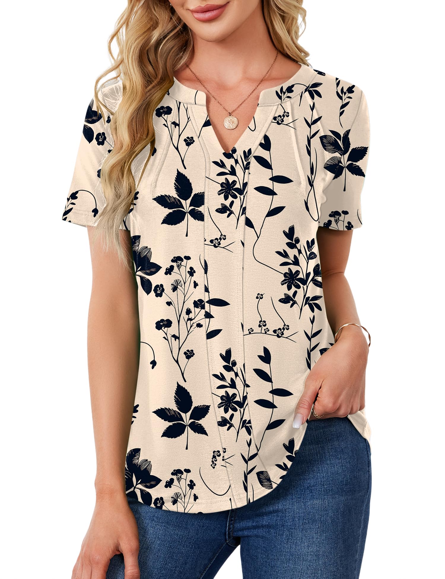 AKEWEI Short Sleeve Blouses for Women Casual V Neck Tops Pleated Summer Shirts Apricot Black Floral M