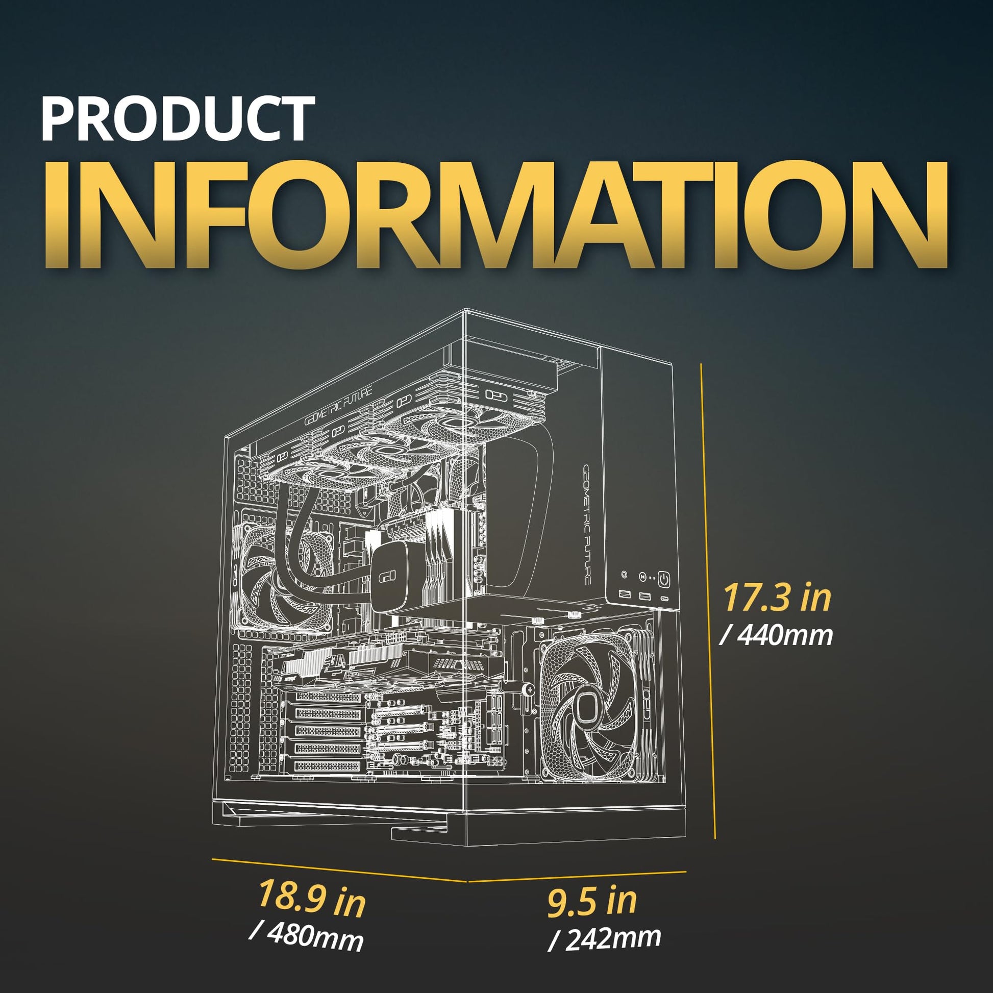Geometric Future M5 Tempered Glass Mid Tower, E-ATX/ATX Gaming Case, 1.2mm Steel, Type C, Toolless Panels, Support 420/360 Radiator, ARGB PWM 140m Fan x 5 Pre-Installed, Black/Green, GEO-M5F-BNY