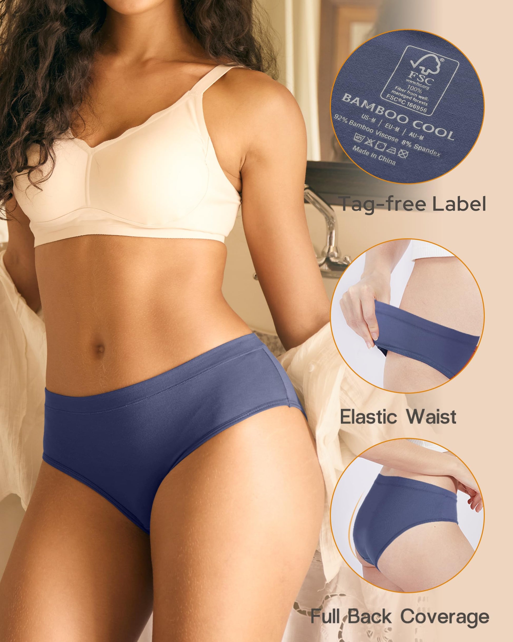 BAMBOO COOL Womens Underwear, Moisture-Wicking Briefs, Soft and Breathable Panties, Mid Waist, 5-Pack