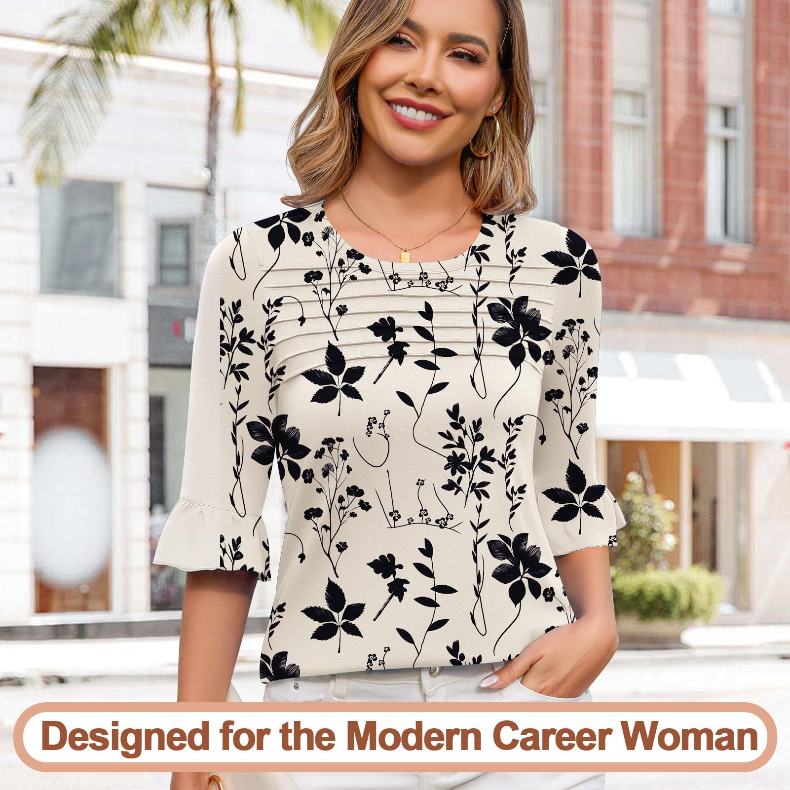 Blingfit Womens 3/4 Sleeve Floral Blouses Shirts for Women Trendy Ruffle Dress Shirts Lightweight Tunics Business Casual Work Tops Large