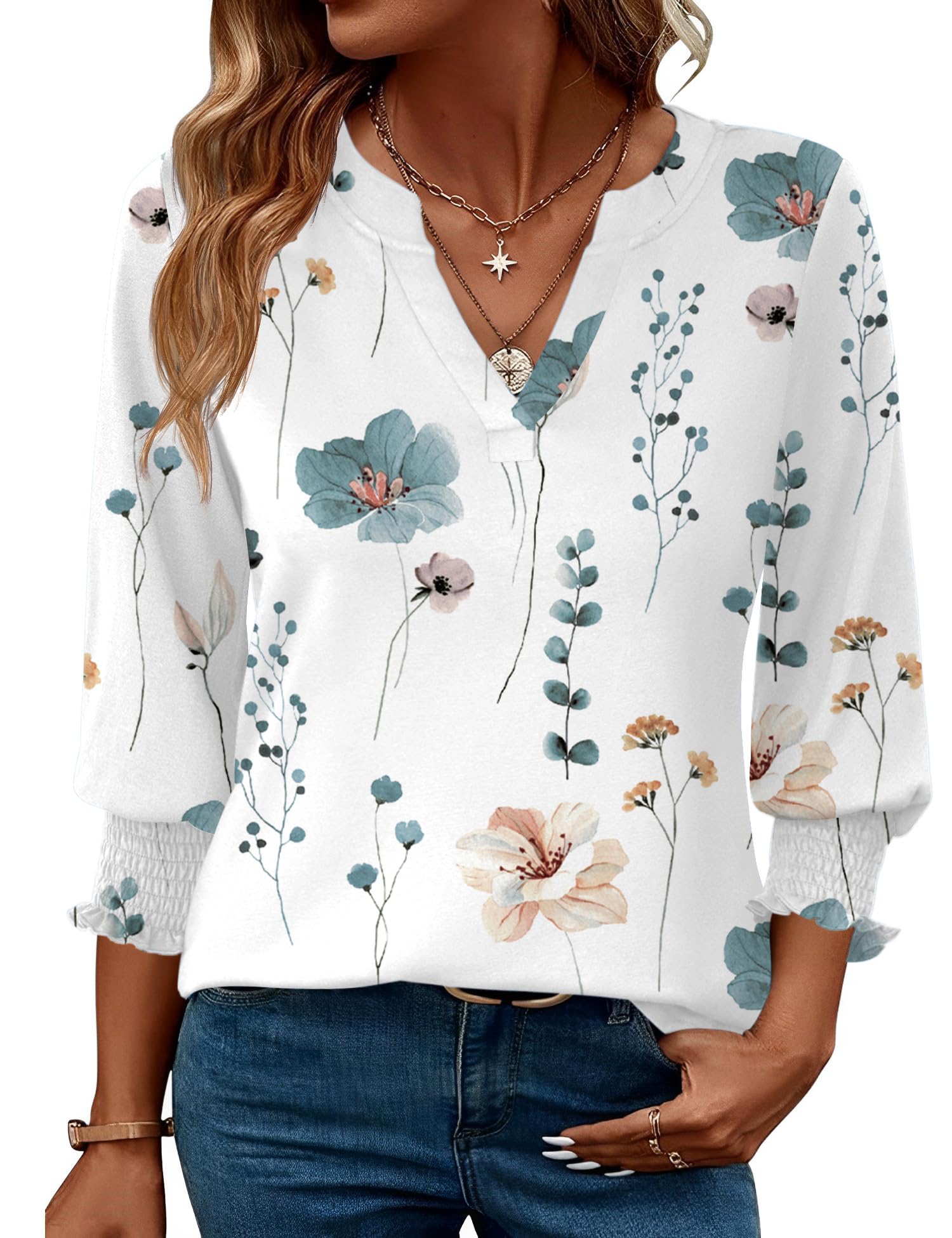 LOMON Womens Business Casual Tops 3/4 Sleeve Shirts for Women Plus Size Summer Outfits V Neck Tunic Blouses White Blue Floral XL