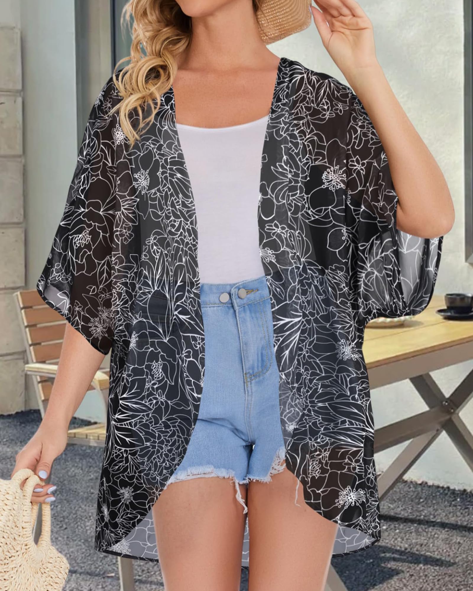 Womens Floral Kimono Cardigans Loose Puff Sleeve Casual Beach Coverups Tops (Black Brief Flowers,L)