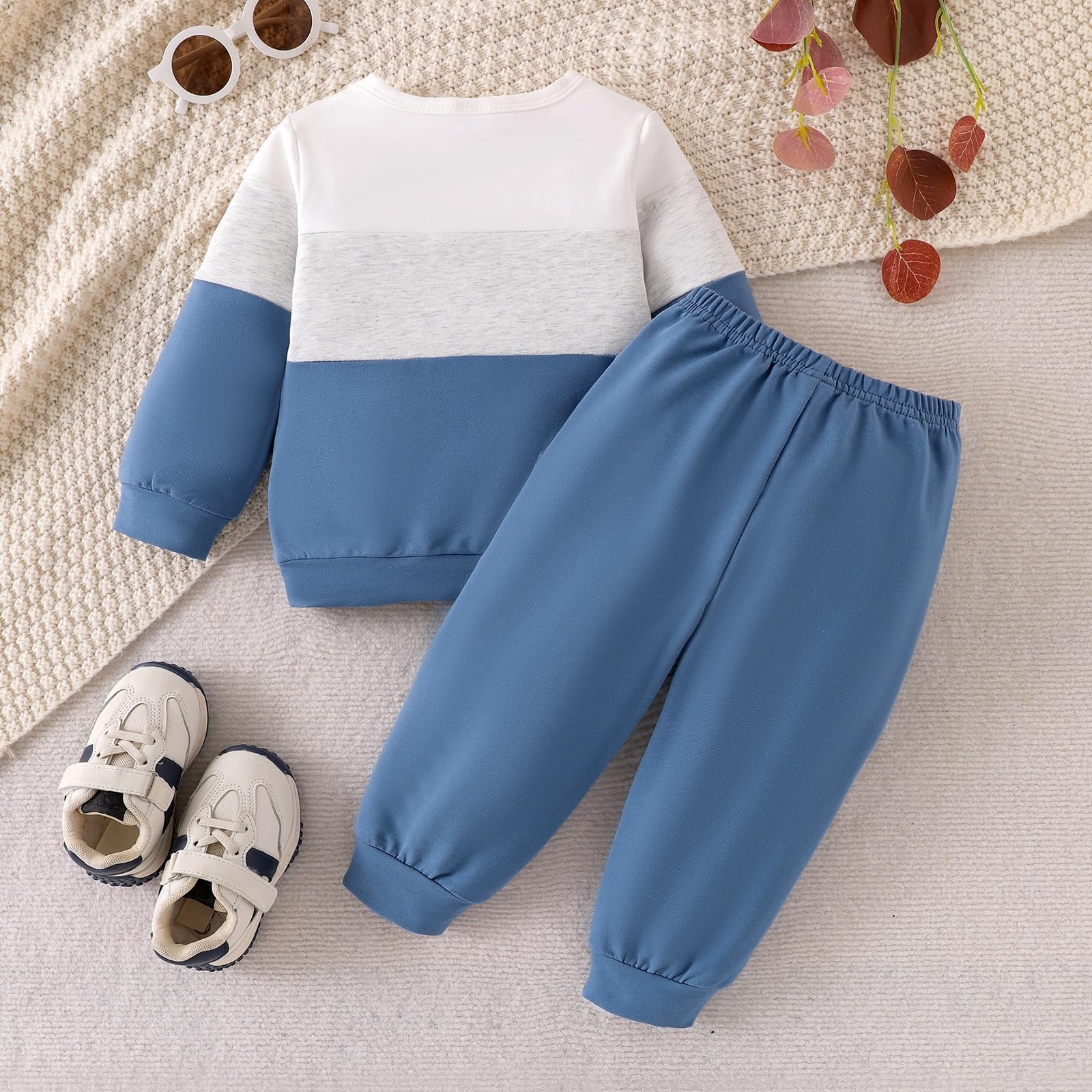 KAFIREN Baby Clothes Boy 12-18 Months Boys Clothes Fall Winter Outfits Long Sleeve Patchwork Sweatshirt Tops Casual Pants Light Blue 12-18M