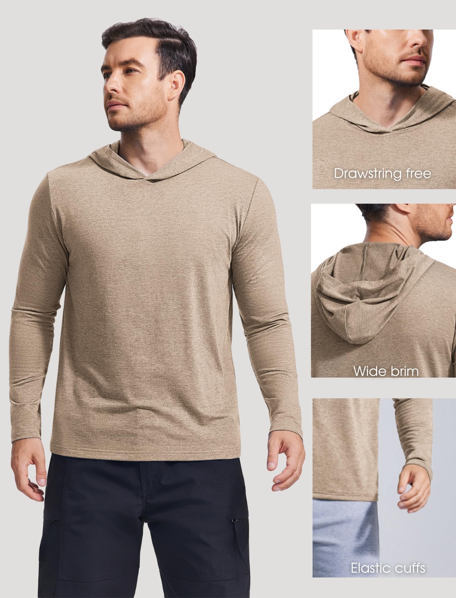 PINSPARK Men's Active Long Sleeve Hoodie Pullover Lightweight Sweatshirts Quick Dry Running Hiking Shirts Khaki