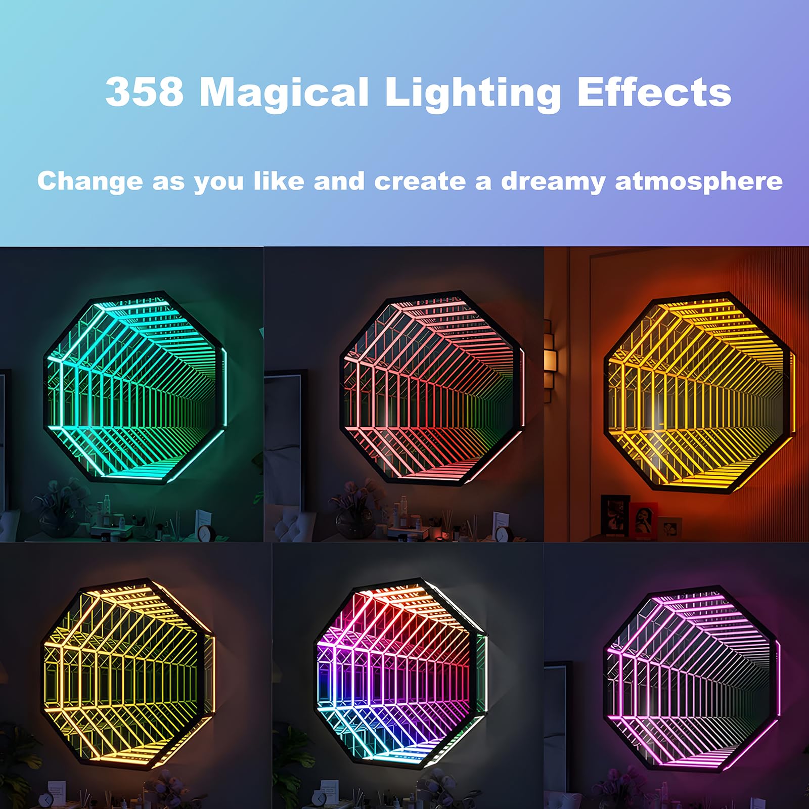 XQDUPDA 3D LED Infinity Mirror Light – Multicolor Tunnel Lamp with Smart APP & Remote Control, Cool RGB Art Light for Home Decor, Bedroom, Living Room, Party, Bar & Gaming (Octagon-19.7 in/50 CM)