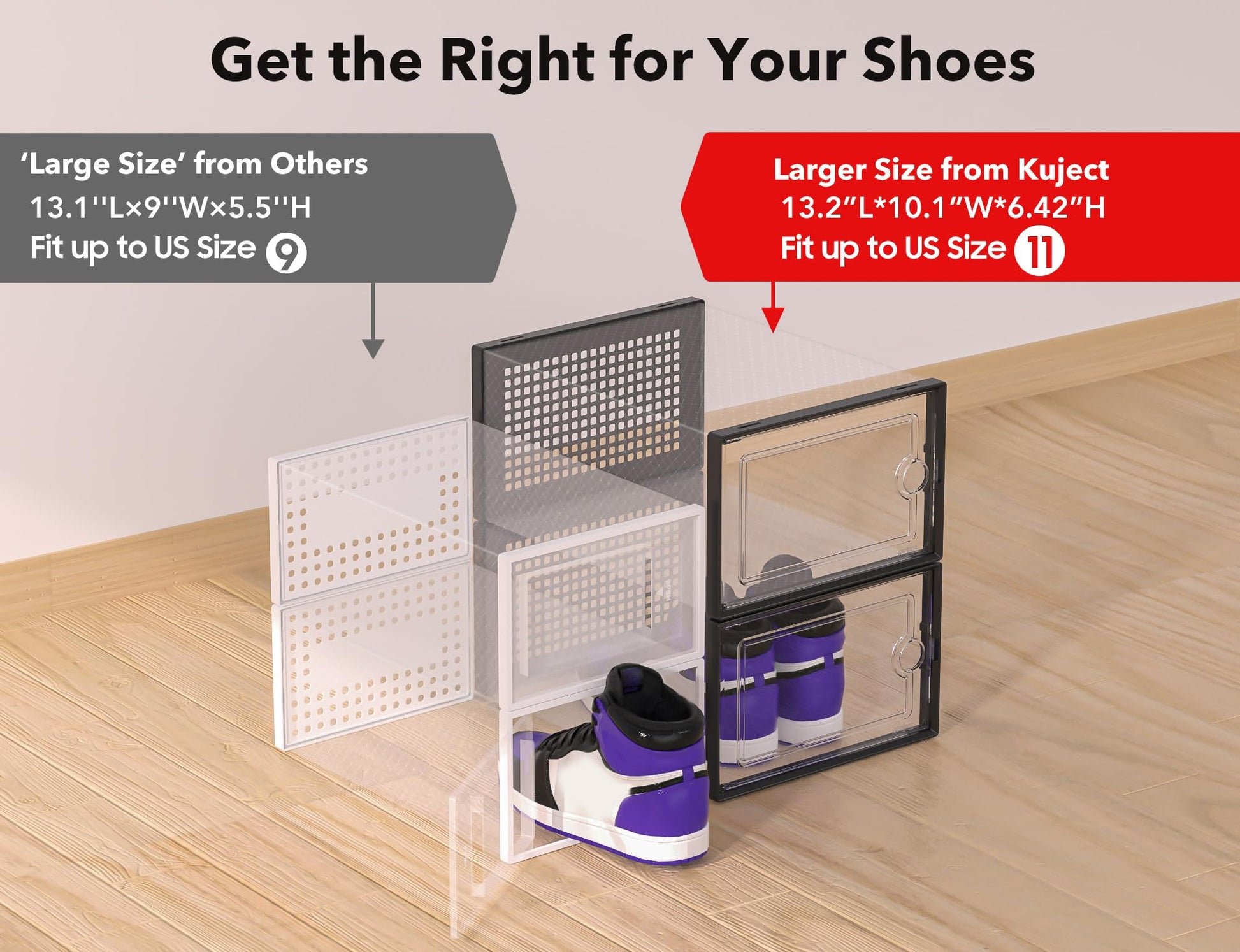 Kuject X-Large Shoe Storage Boxes Organizers Clear Plastic Stackable 12 Pack, Shoe Rack & Holder Substitute, Sneaker Containers, Toy Storage Organizer Bins for Entryway, Closet, Under Bed, Black