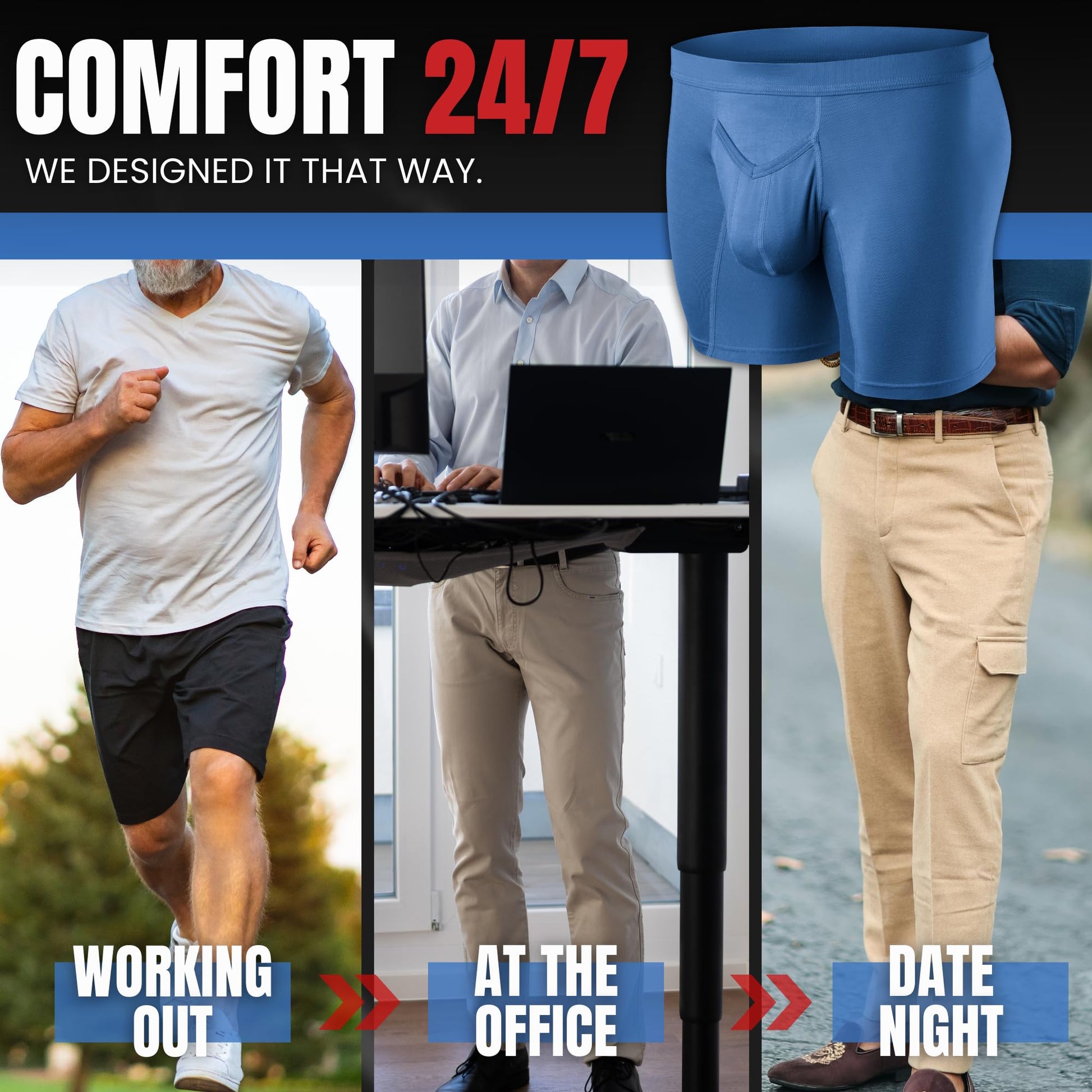 Real Men 7in Modal Boxer Briefs V-Fly B Pouch Lrg 3pk Blu/HthrGry/SltGry Mens Black Underwear Men Mens Black Boxer Briefs Best Bulge Enhancing Underwear