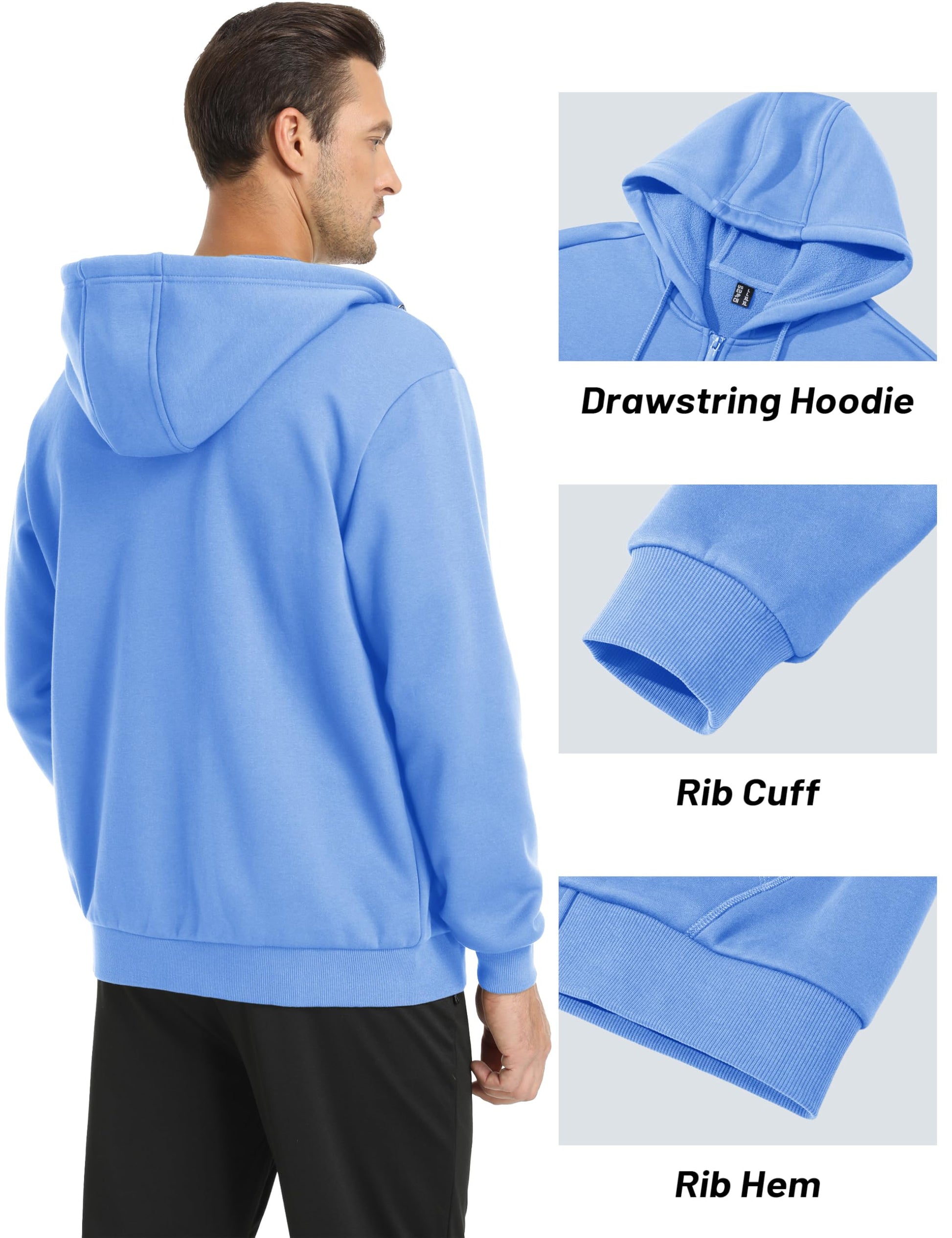 MAGCOMSEN Fleece Hoodie Men Full Zip Athletic Long Sleeve Hooded Sweatshirts with Pockets Lightweigt Zip Hoodie Men Light Blue L