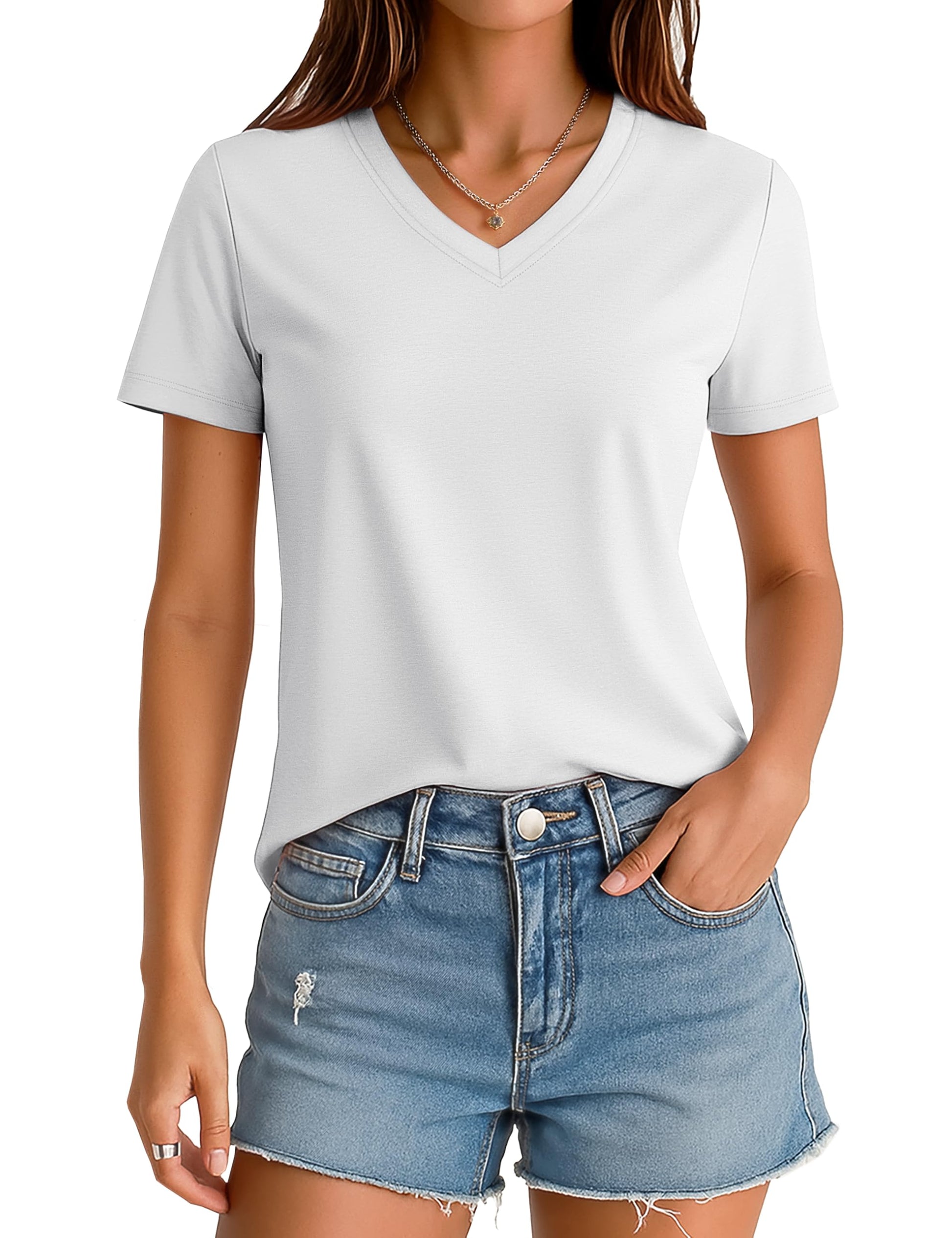 MAGCOMSEN Women's T Shirts Short Sleeve V Neck Shirts Casual Basic Tee Tops Summer Fashion Outfits UPF 50+ White XL
