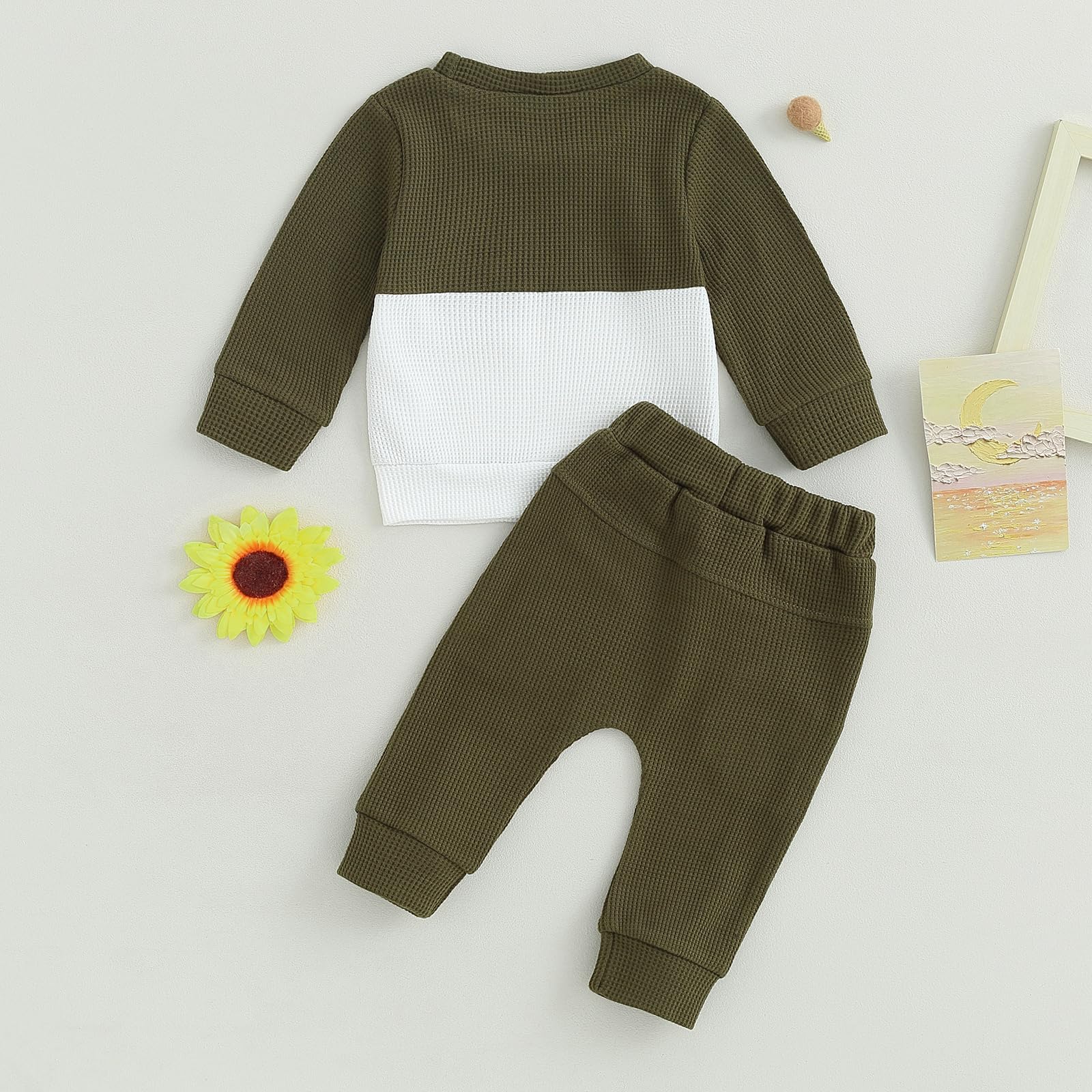 GGBNOMER Toddler Baby Boy Fall Clothes Waffle Contrast Color Sweatshirt Pants Sets Infant Winter Outfits 6 12 18 24 Months (Army Green, 12-18 Months)
