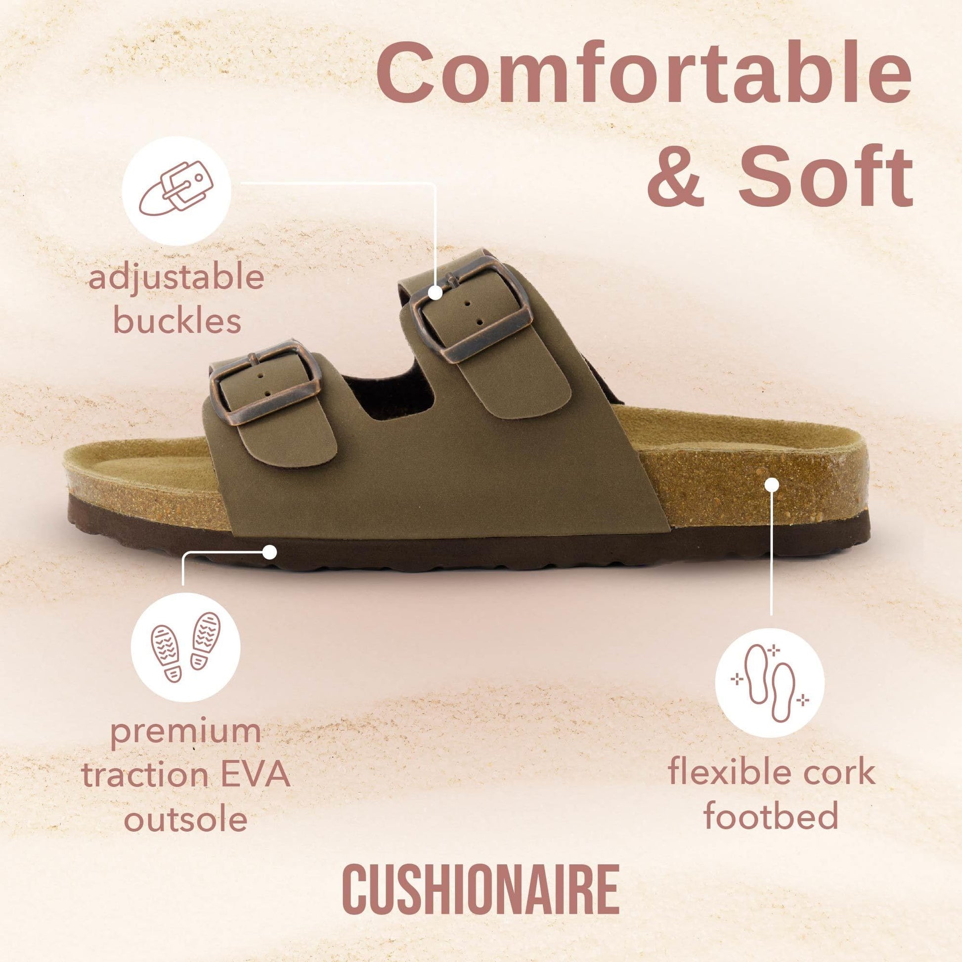CUSHIONAIRE Lane Cork Footbed Sandals for Women – Comfortable Double Buckle Slip-On with Genuine Suede Footbed & Arch Support Slides for Women Footwear, BROWN 8