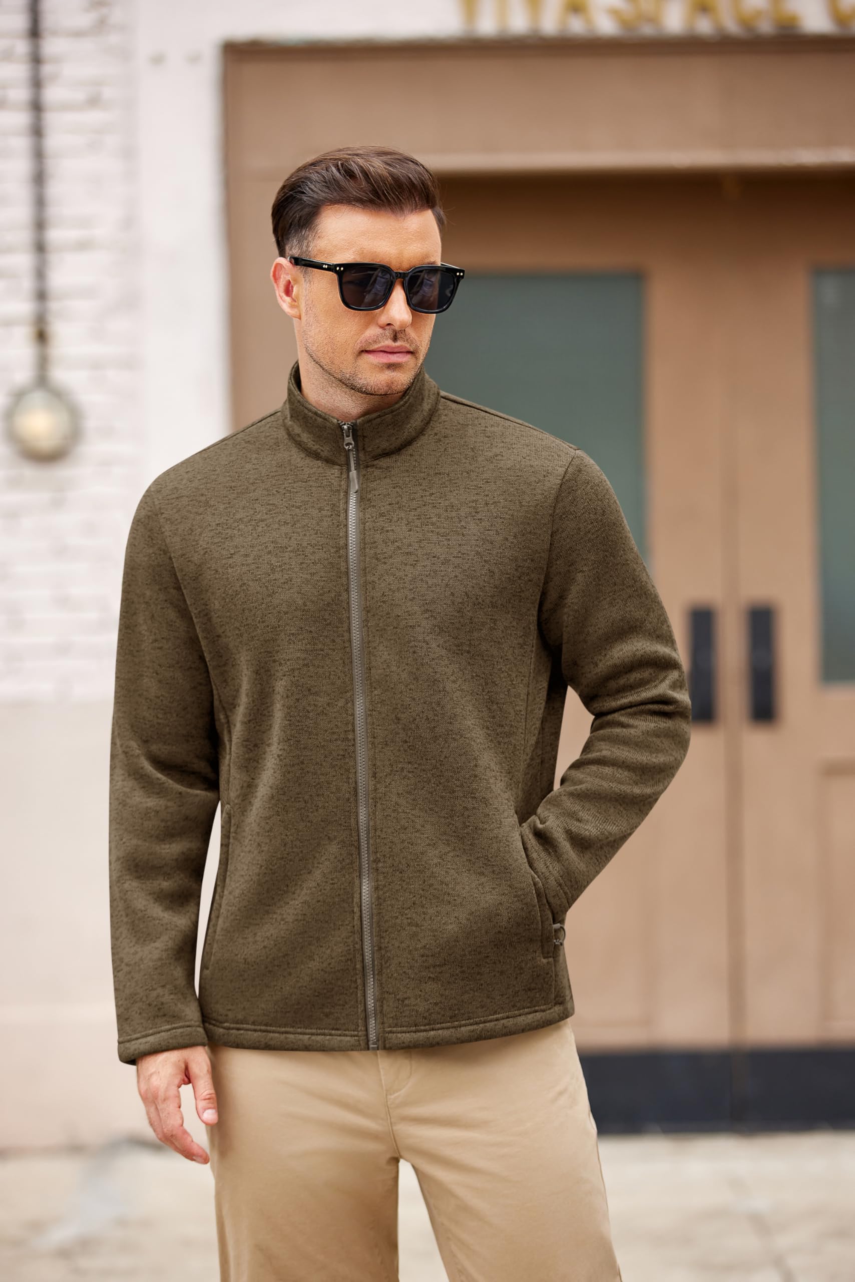 COOFANDY Light Fleece Jackets for Men Lightweight Fall Sweater Jacket Stand Collar for Outdoor Camping,Brown,L