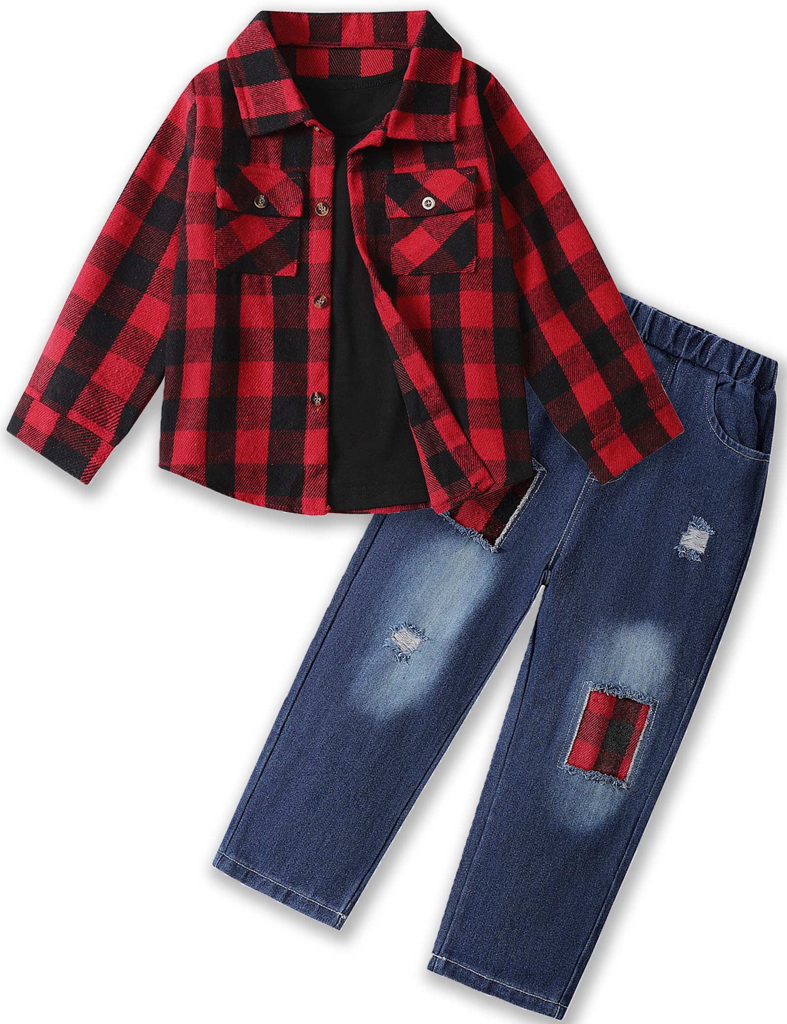 Tainmully Baby Boy's Clothing Plaid Shirt Jacket White T-shirt Top and Jeans Pants 3Pcs Boys Clothes 3T Winter Outfits