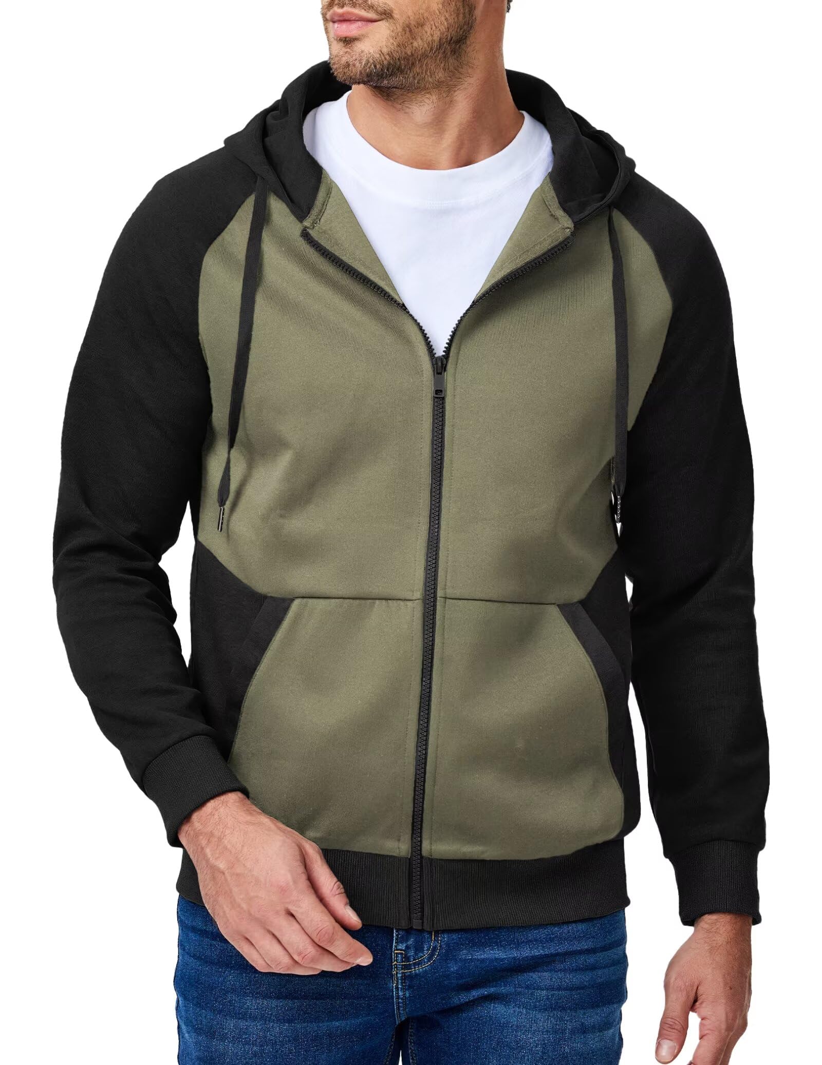 Dokotoo Men Mens Full Zip Hoodie Casual Long Sleeve Drawstring Zipper Hoodies Fall Winter Jackets Coats Color Block Lightweight Comfort Fashion Sweatshirts With Pocket Green X-Large