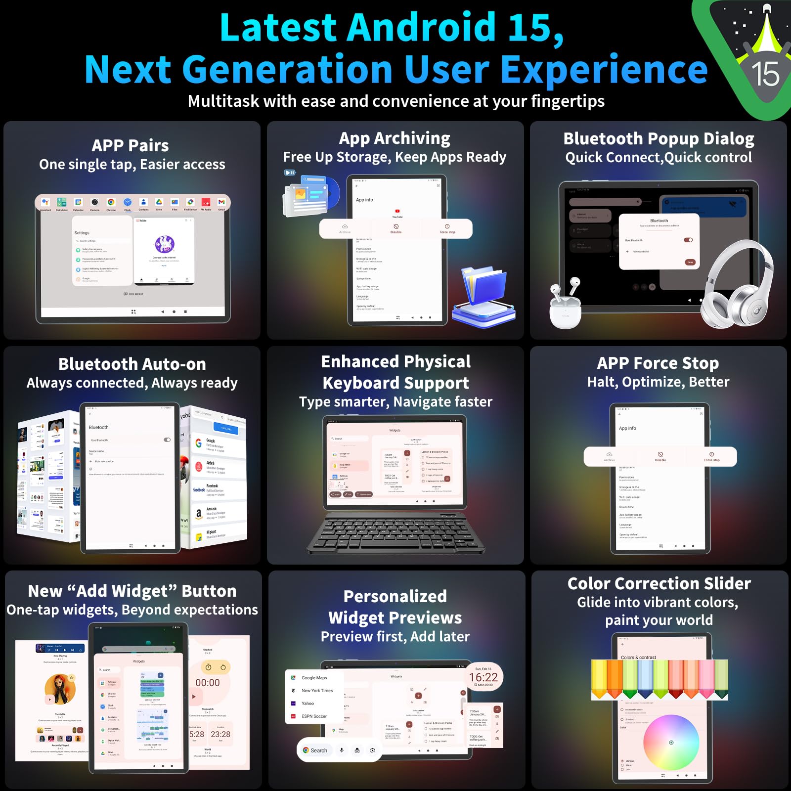 Relndoo 2025 Android 15 Tablet with Keyboard, 24GB+128GB+2TB Expand, 10.1 Inch Octa-Core 2-in-1 Tablets with 5G/2.4G WiFi, 8000mAh, BT5.0, GMS Certified, with Mouse, Case, Stylus, Split Screen(Black)