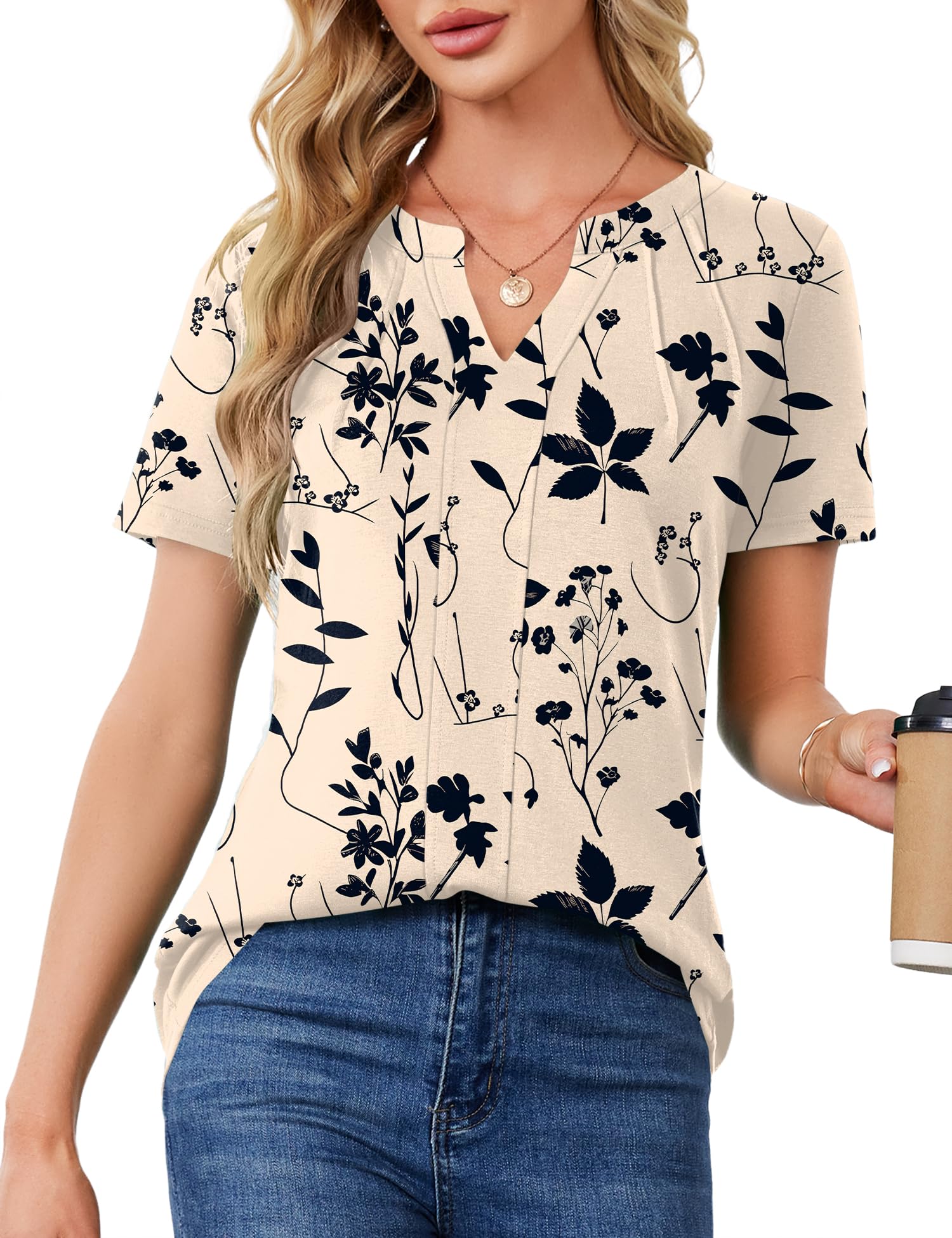 AKEWEI Short Sleeve Blouses for Women Casual V Neck Tops Pleated Summer Shirts Apricot Black Floral M