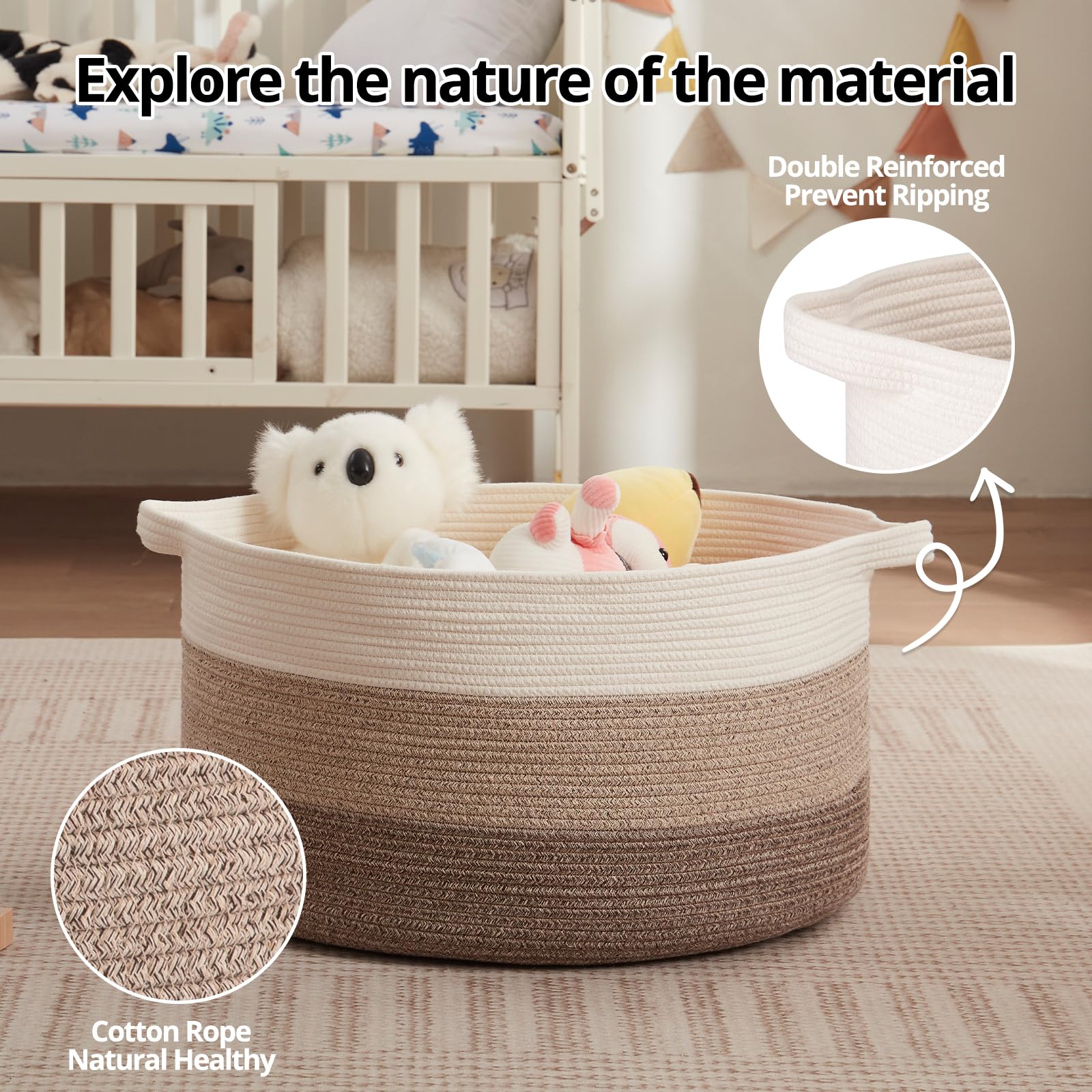 OIAHOMY Extra Large Storage Basket, 23" x 13" Woven Blanket Storage for Living Room, Round Laundry Basket for Pillow - Gradient Brown