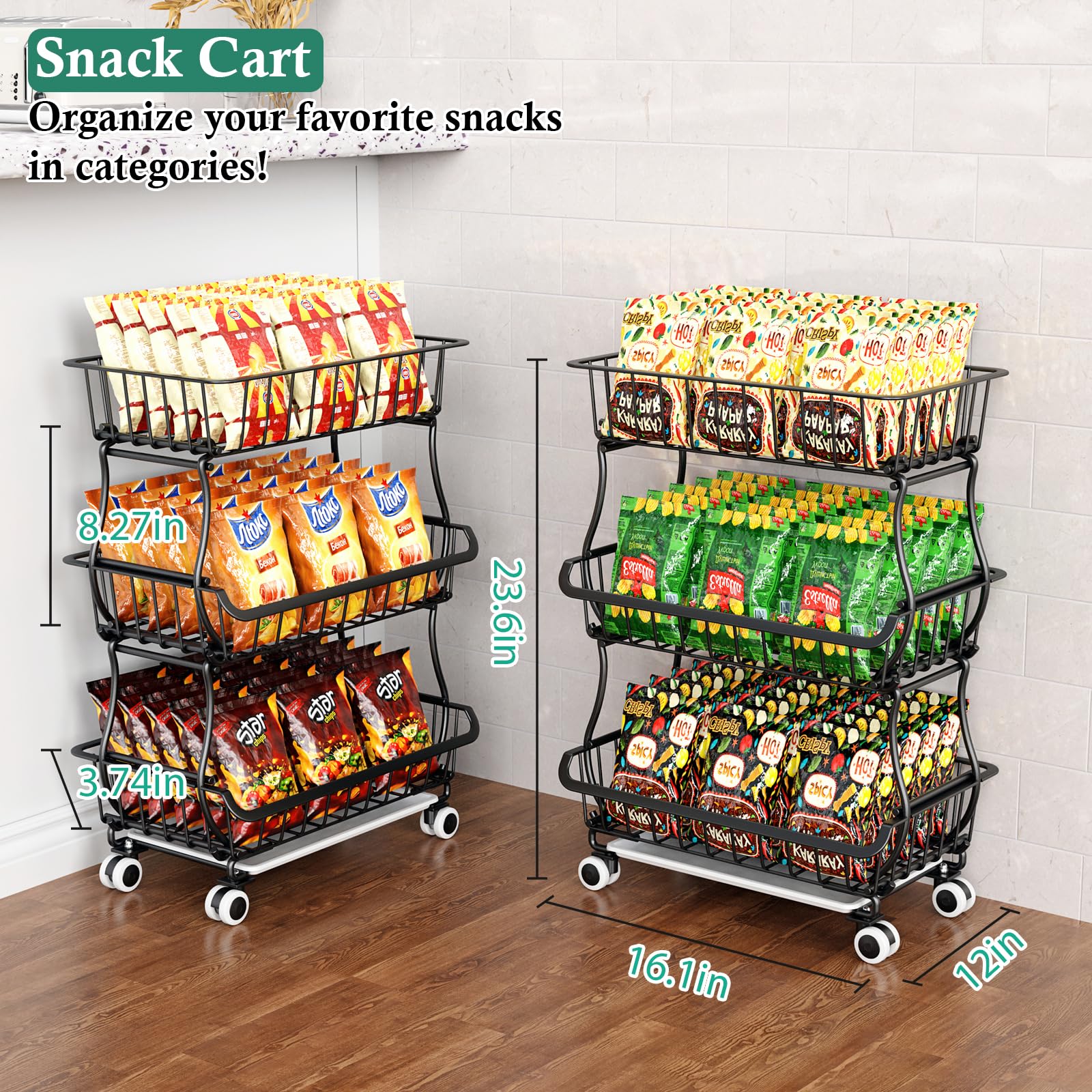 OKZEST 3-Tier Rolling Pantry Floor Organizer and Storage Cart with Wheels, Stackable Wire Pantry Baskets for Pantry Shelves, Kitchen Fruit Basket Stand and Storage Rack for Fruit Snack Onion Potato