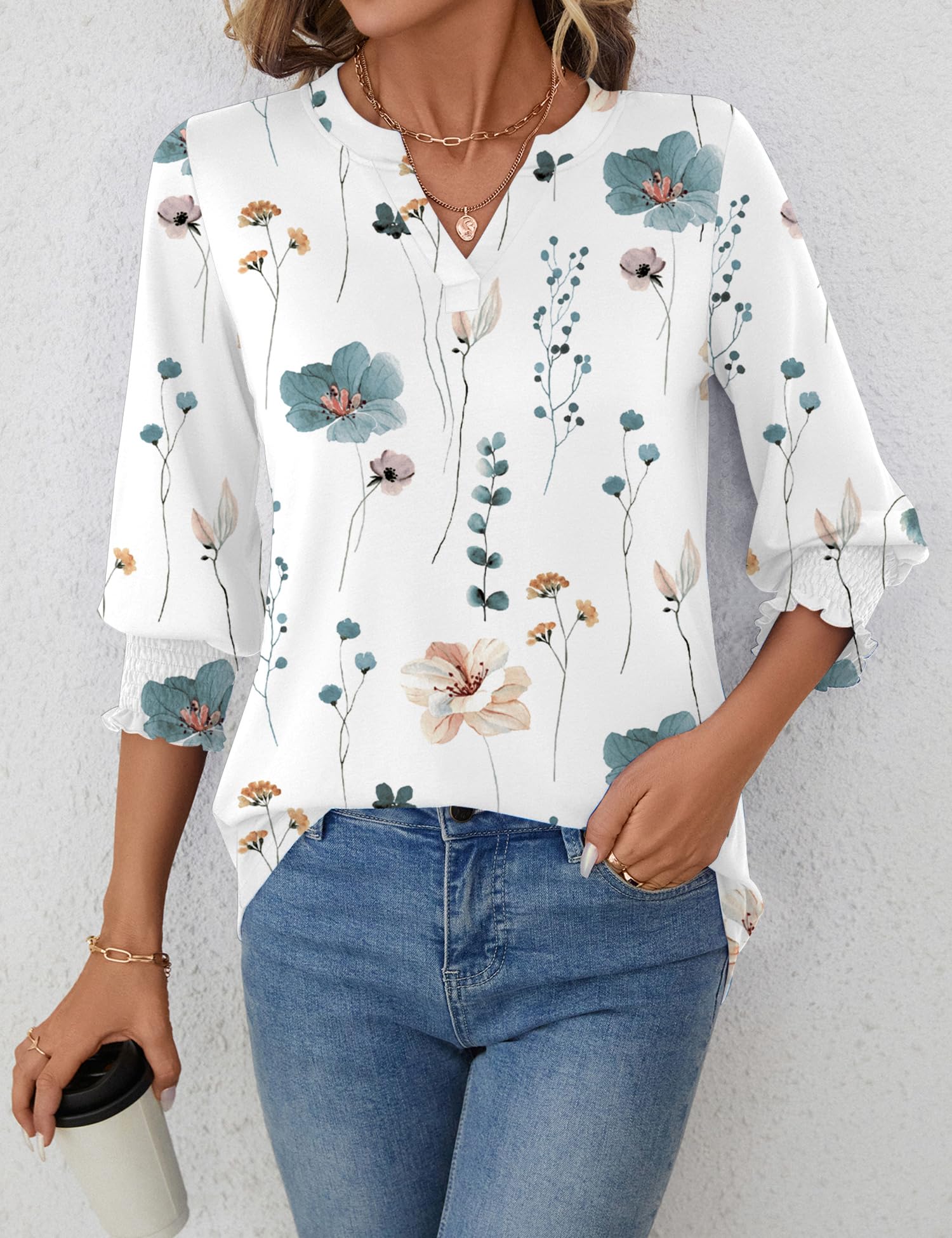 LOMON Womens Business Casual Tops 3/4 Sleeve Shirts for Women Plus Size Summer Outfits V Neck Tunic Blouses White Blue Floral XL