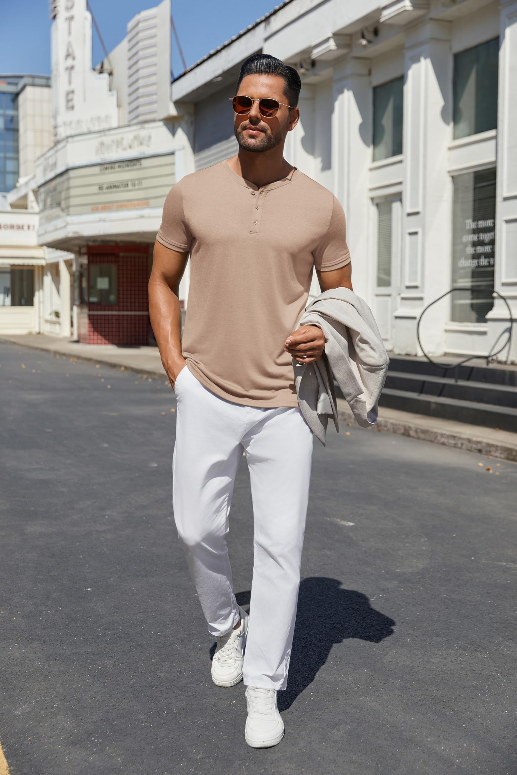COOFANDY Men's Henley Shirts Short Sleeve Casual Summer Basic Tee Solid Button T-Shirts Light Khaki