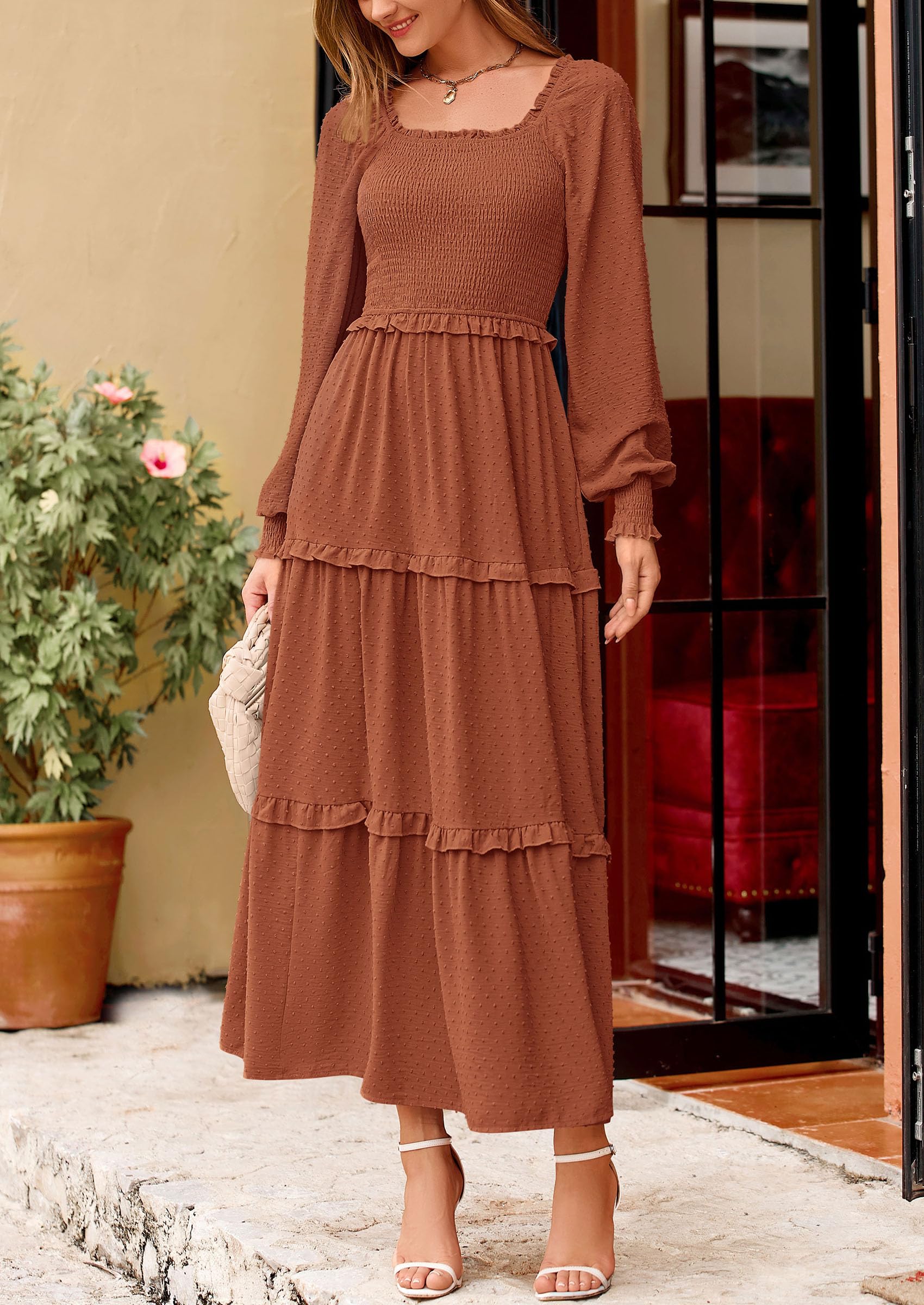 PRETTYGARDEN Fall Dresses for Women 2025 Long Sleeve Smocked Square Neck Swiss Dot Tiered Flowy Wedding Guest Maxi Dress (Brown,Large)