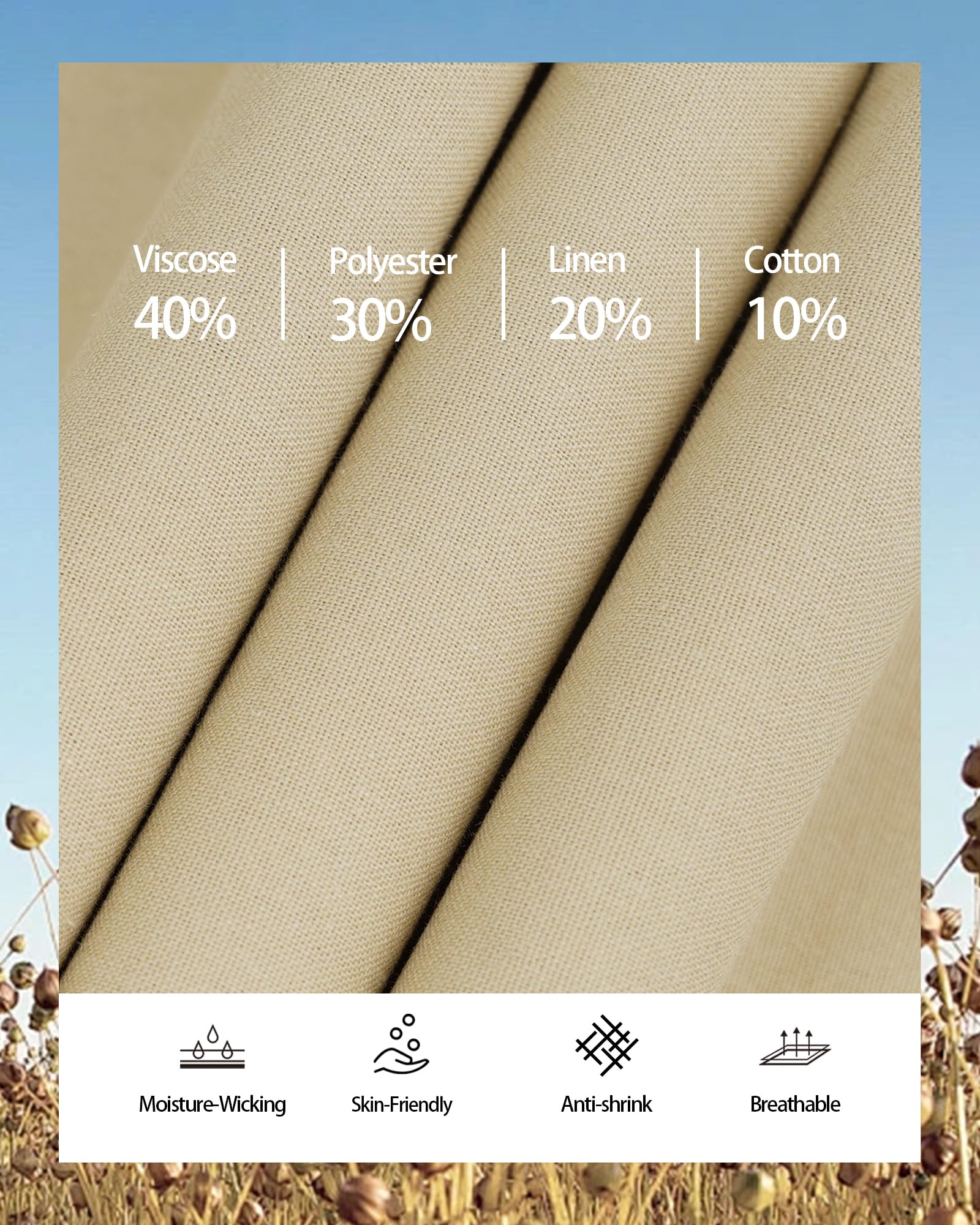 DOWMQ Mens Linen Pants Casual Elastic Waist Drawstring Pants Loose Straight Linen Pant Beach Trousers with 4 Pockets Khaki, M