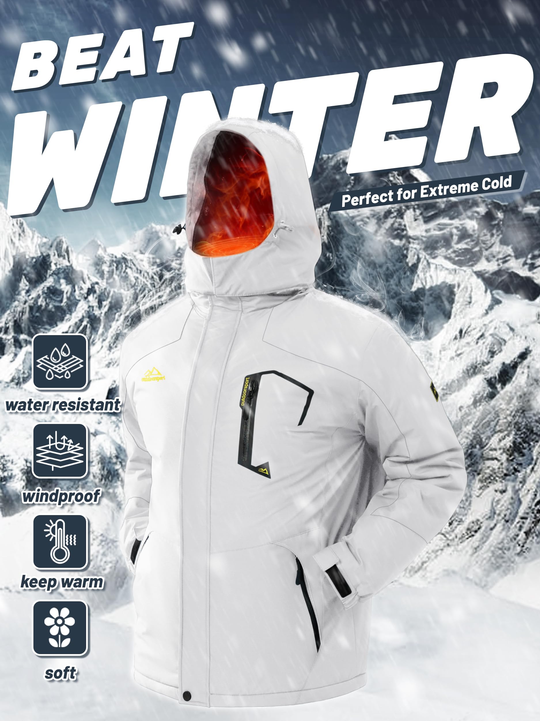 TACVASEN Men's Skiing Jacket with Hood Winter Jacket Water Resistant Hiking Fishing Travel Fleece Jacket Mens Warm Parka Ski Coat White, L