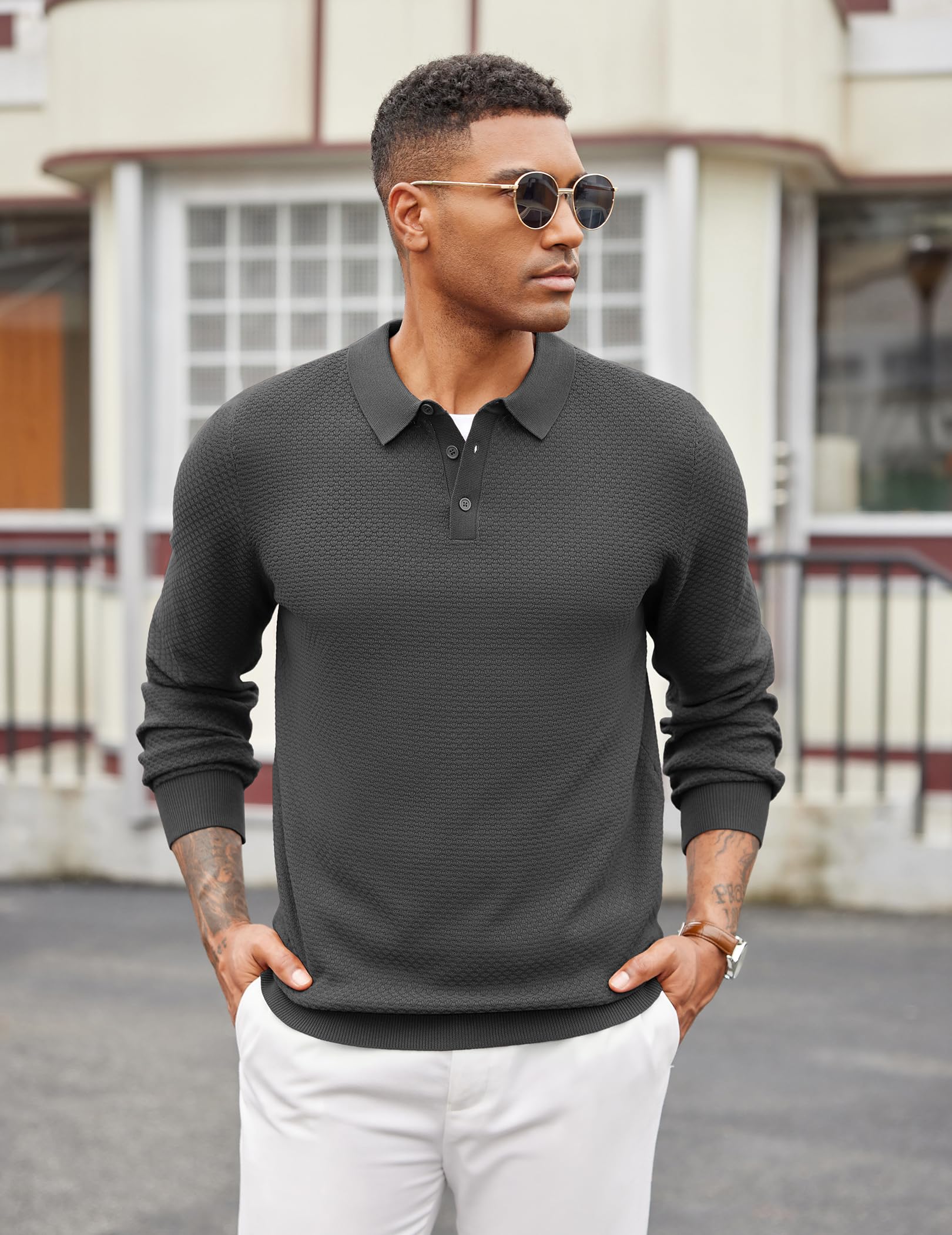 COOFANDY Men's Long Sleeve Polo Sweater Dress Knit Golf Polo Collared Sweater Muscle Slim Fit T Sweaters Dark Gray