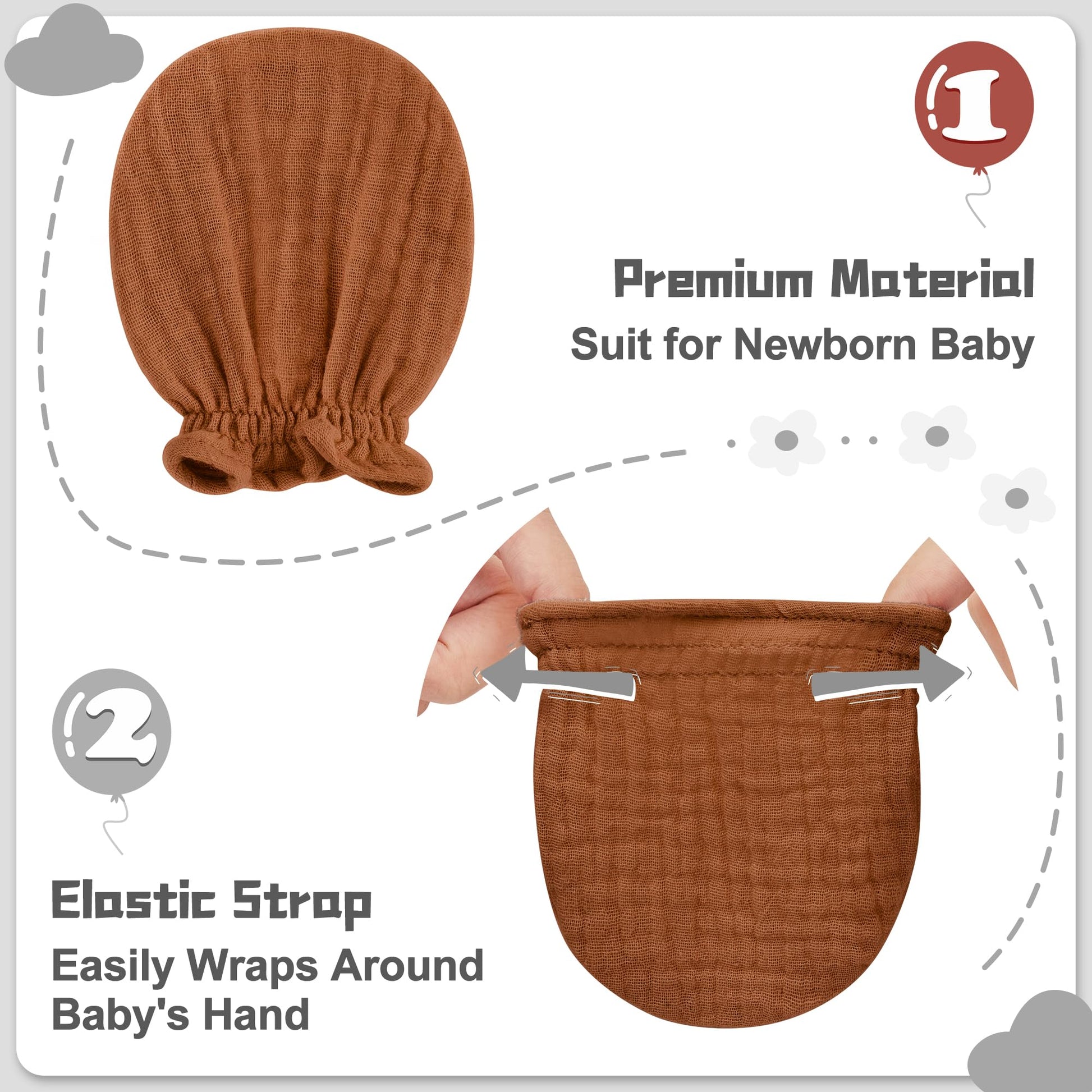 Pro Goleem 3-Pack Muslin Baby Mittens for Newborn, 100% Cotton No Scratch Soft Breathable Gloves with Elastic Strap for Baby Boy and Girls 0-6 months, Brown Beige Grey
