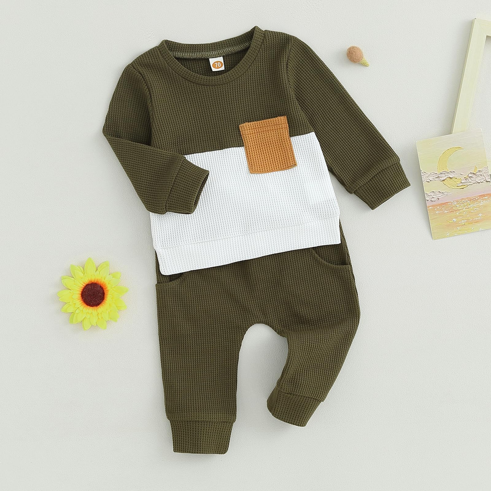 GGBNOMER Toddler Baby Boy Fall Clothes Waffle Contrast Color Sweatshirt Pants Sets Infant Winter Outfits 6 12 18 24 Months (Army Green, 12-18 Months)