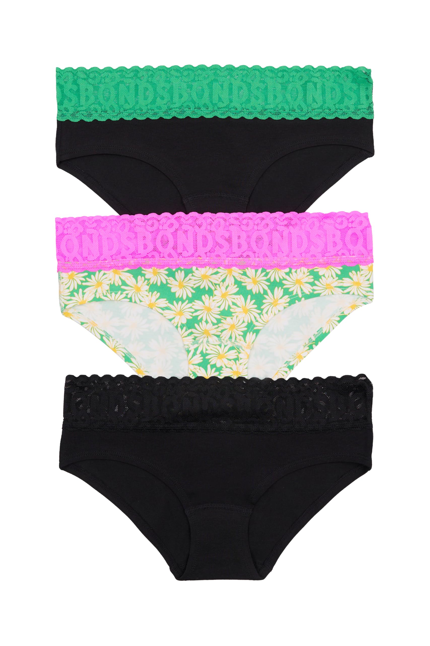 Bonds Women's Underwear Hipster Pack, Lace-Top Icons Hipster Panties for Women, Stretchy Cotton-Blend Underwear for Women, 3-Pack