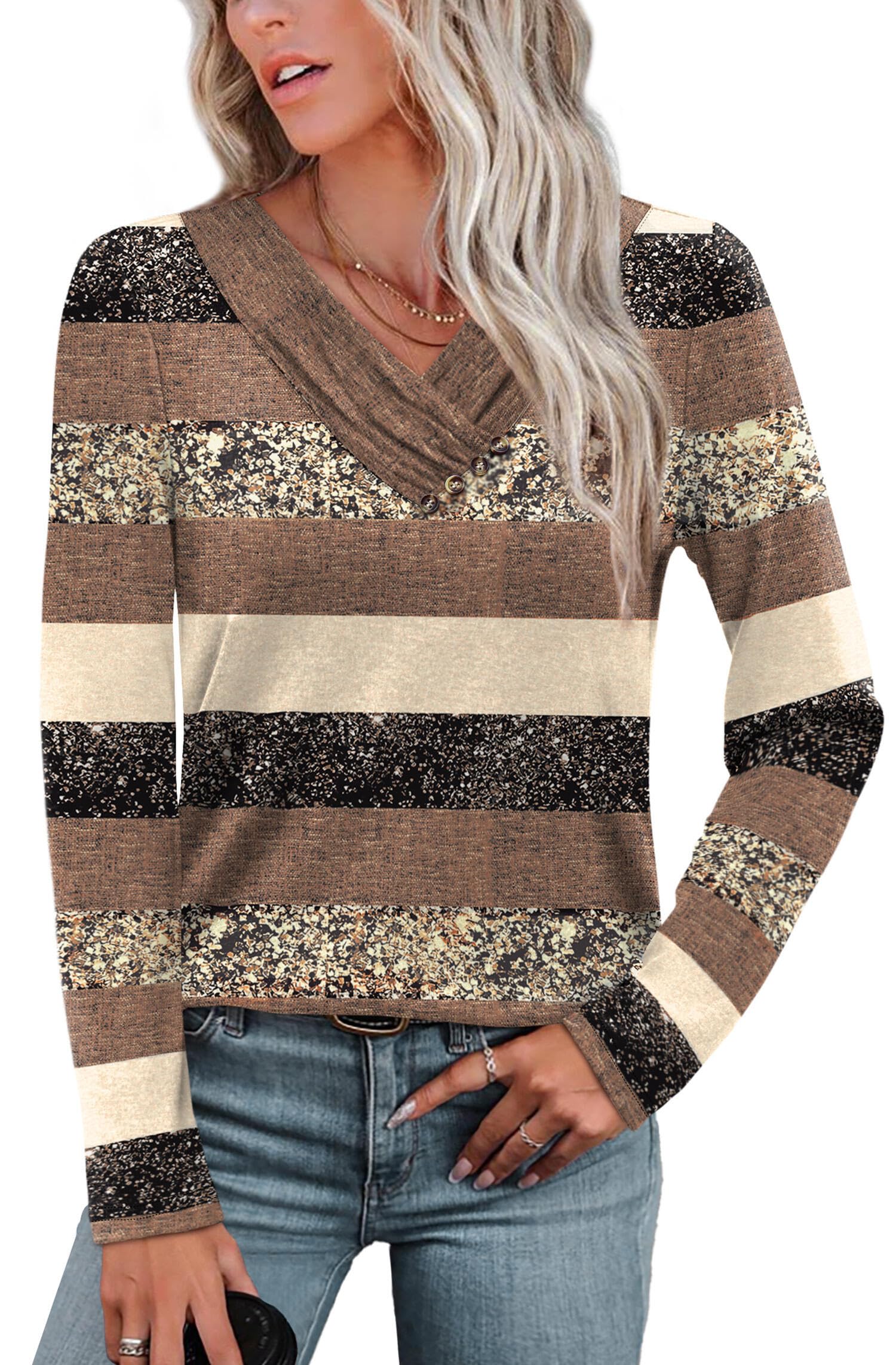 WIHOLL Long Sleeve Shirts for Women Early Fall Fashion 2025 Women's Clothing Ladies Tops and Blouses V Neck Tshirts Shirts Fashion Clothing Business Casual Teacher Outfits L