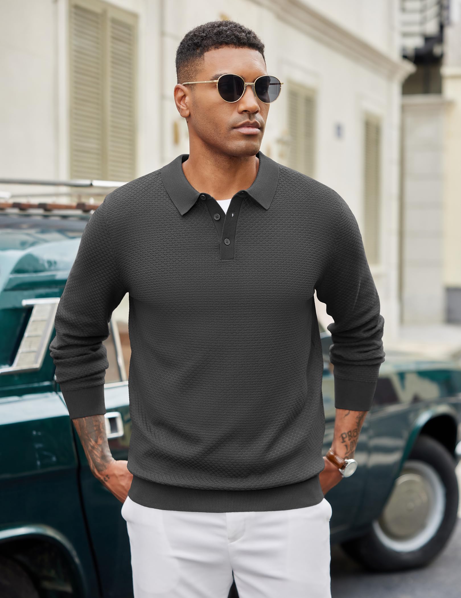 COOFANDY Men's Long Sleeve Polo Sweater Dress Knit Golf Polo Collared Sweater Muscle Slim Fit T Sweaters Dark Gray