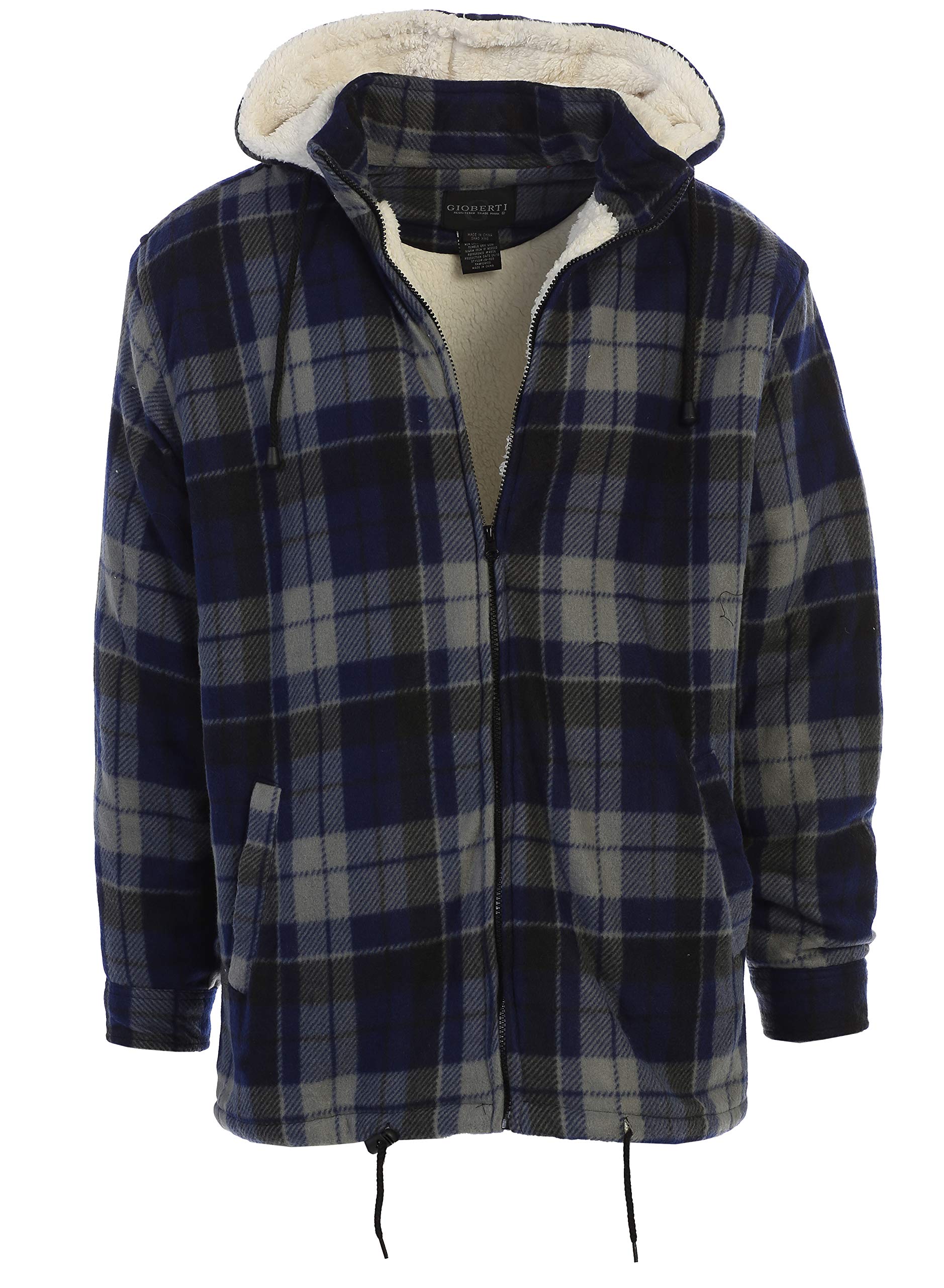 Gioberti Mens Sherpa Lined Flannel Jacket with Removable Hood, Navy/Gray, L