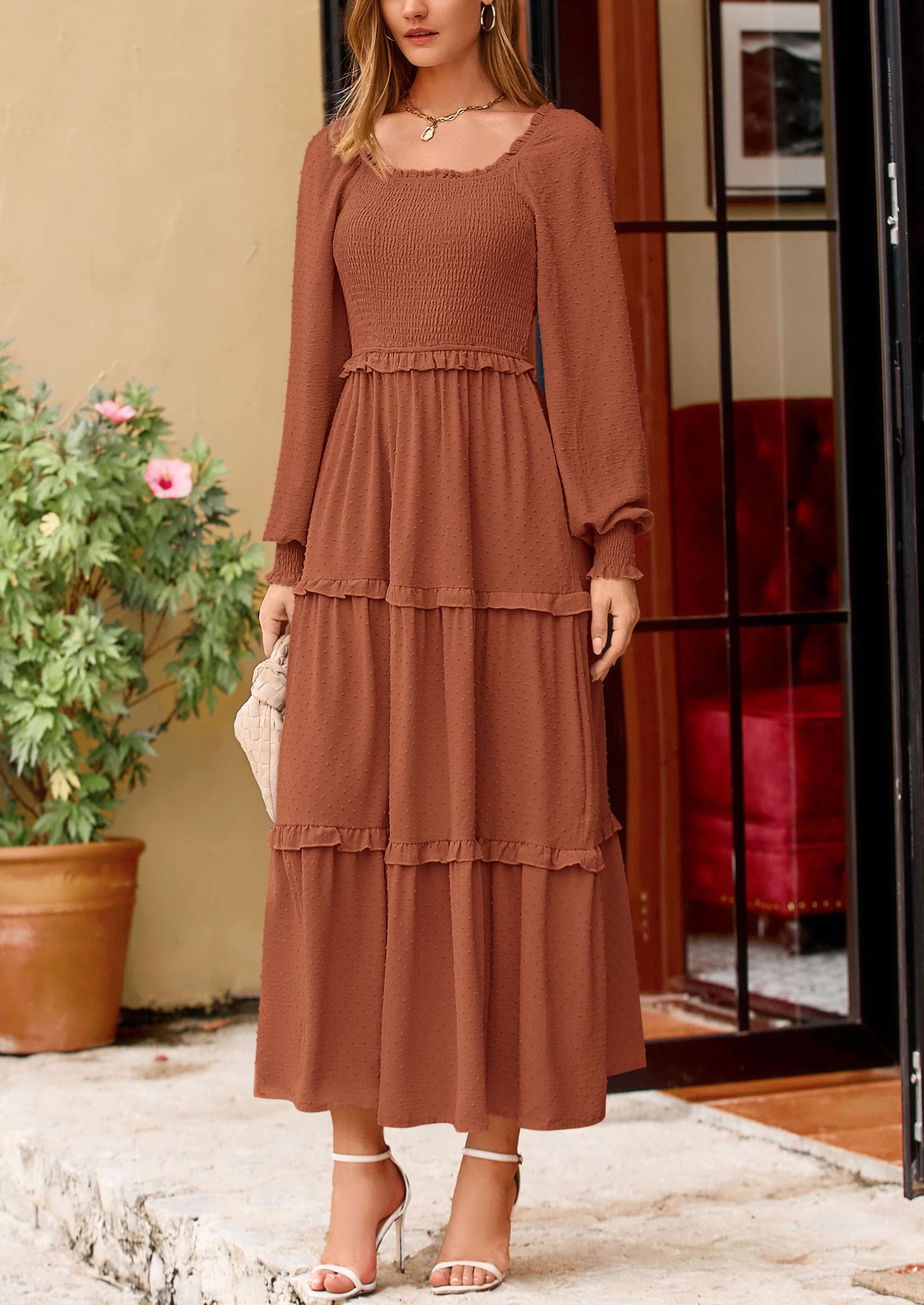 PRETTYGARDEN Fall Dresses for Women 2025 Long Sleeve Smocked Square Neck Swiss Dot Tiered Flowy Wedding Guest Maxi Dress (Brown,Large)