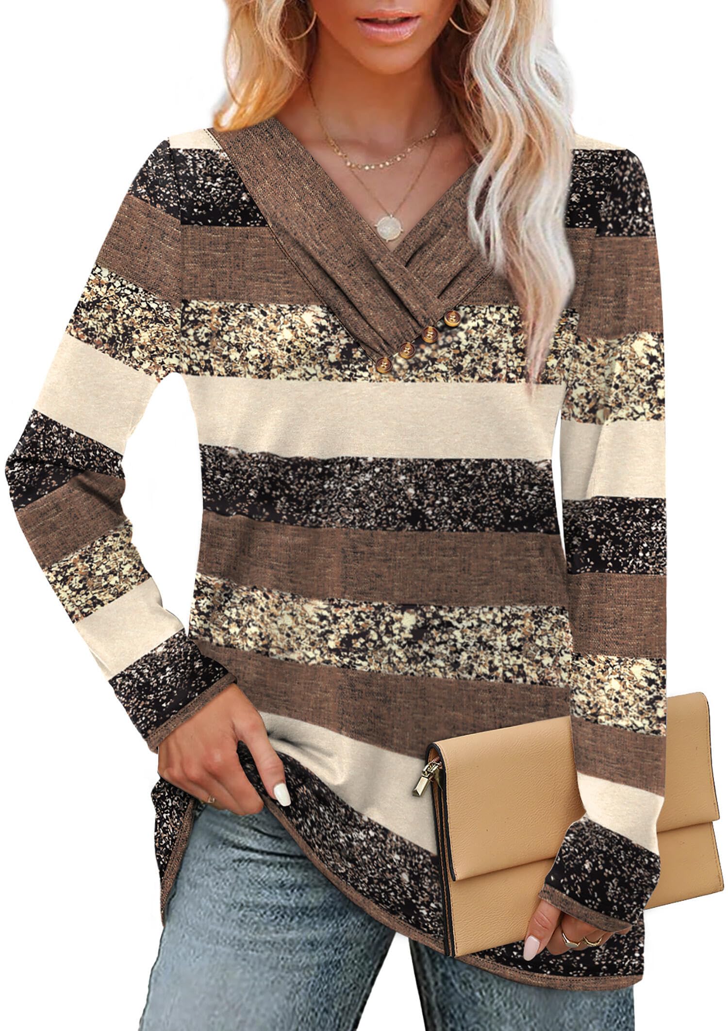 WIHOLL Long Sleeve Shirts for Women Early Fall Fashion 2025 Women's Clothing Ladies Tops and Blouses V Neck Tshirts Shirts Fashion Clothing Business Casual Teacher Outfits L